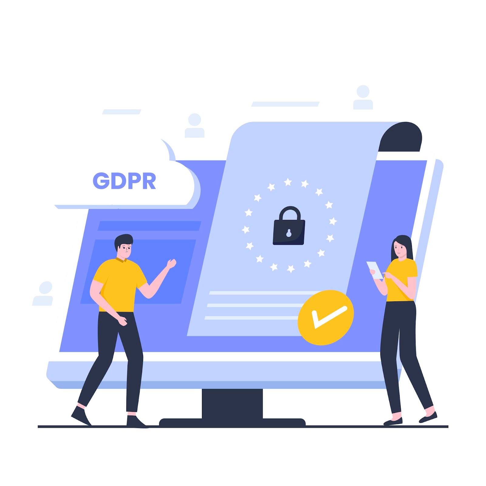 GDPRに関連する情報を表示する大きな画面の前に立つ二人の人物。画面にはロックされたアイコンとチェックマークがあります。