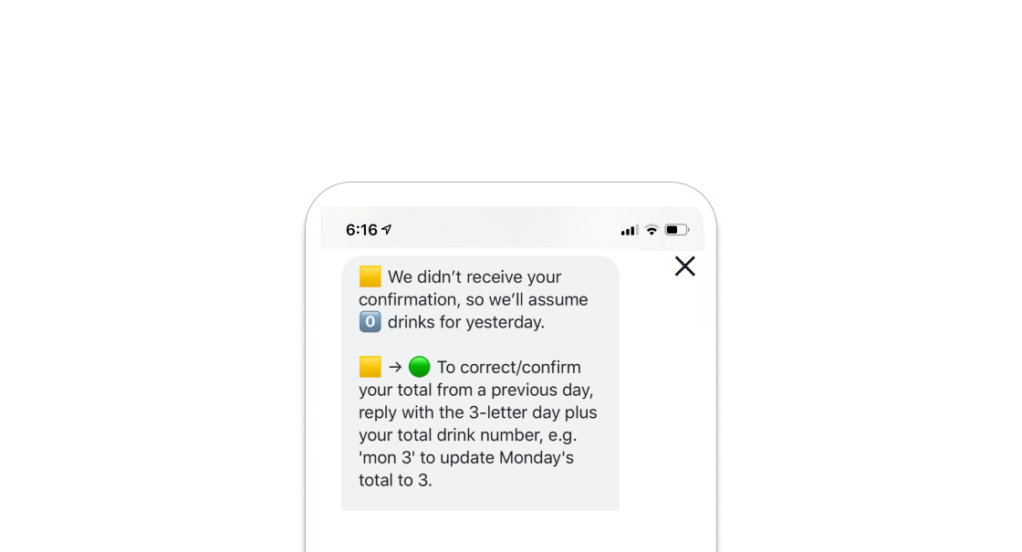 Smartphone screen showing a text message explaining that no confirmation was received, so yesterday’s drink total is assumed to be zero and giving instructions to correct totals by replying with a day abbreviation and number.