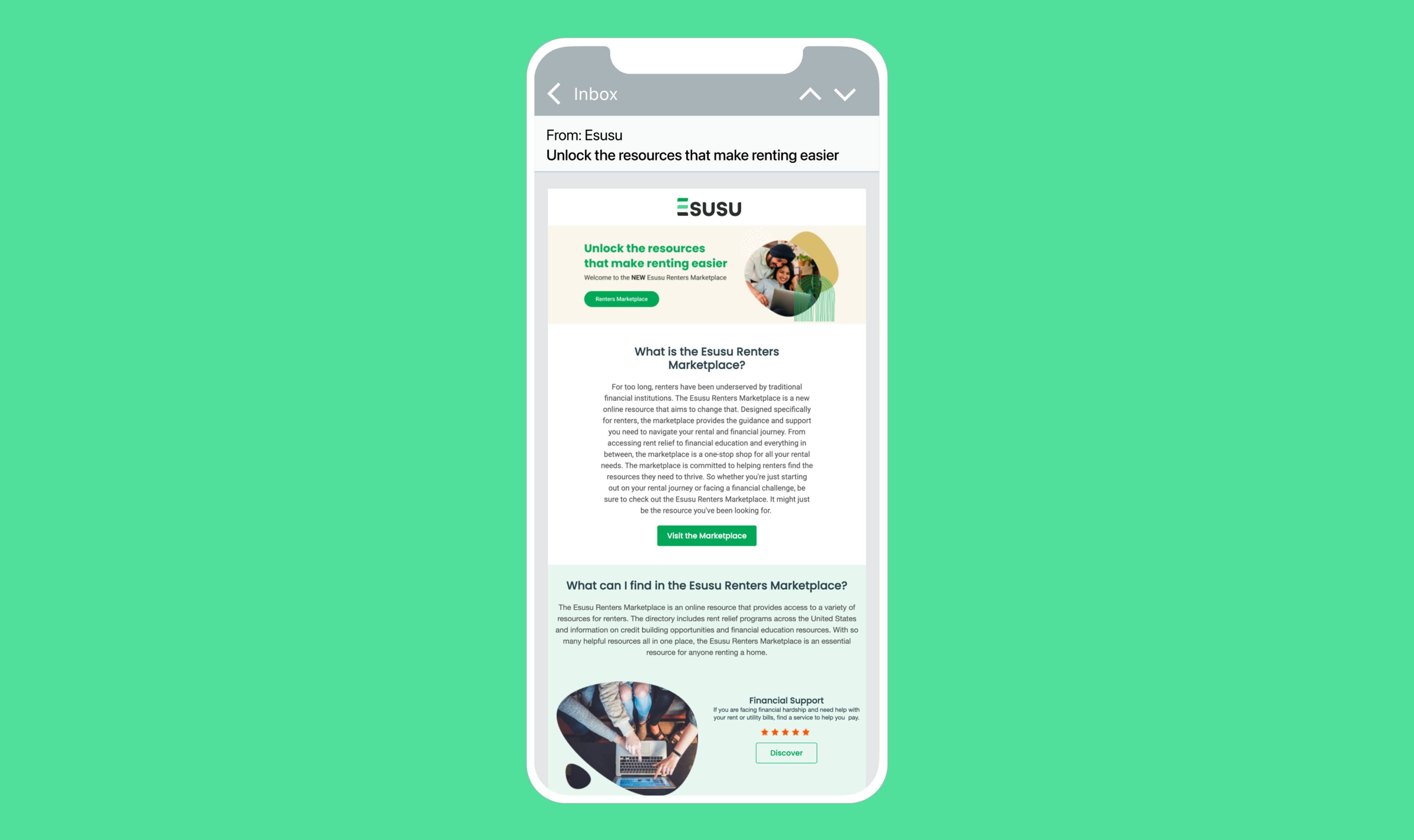 A smartphone displaying an email from Esusu about resources for easier renting, featuring a green background and images related to financial support.