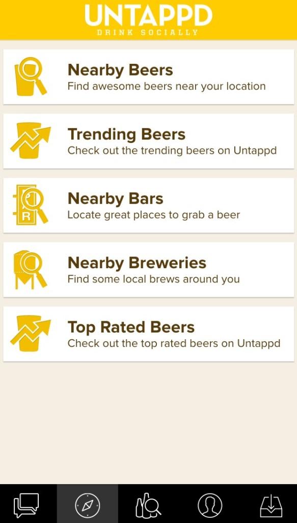 A mobile app interface displaying options for finding nearby beers, trending beers, nearby bars, breweries, and top-rated beers. Each option is accompanied by an icon and a brief description.