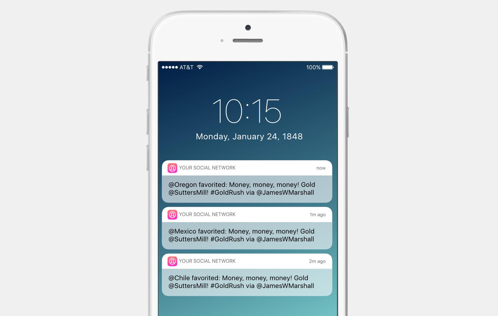A smartphone screen displaying notifications from a social network, featuring messages about the Gold Rush and mentions of various users. The date shown is January 24, 1848.