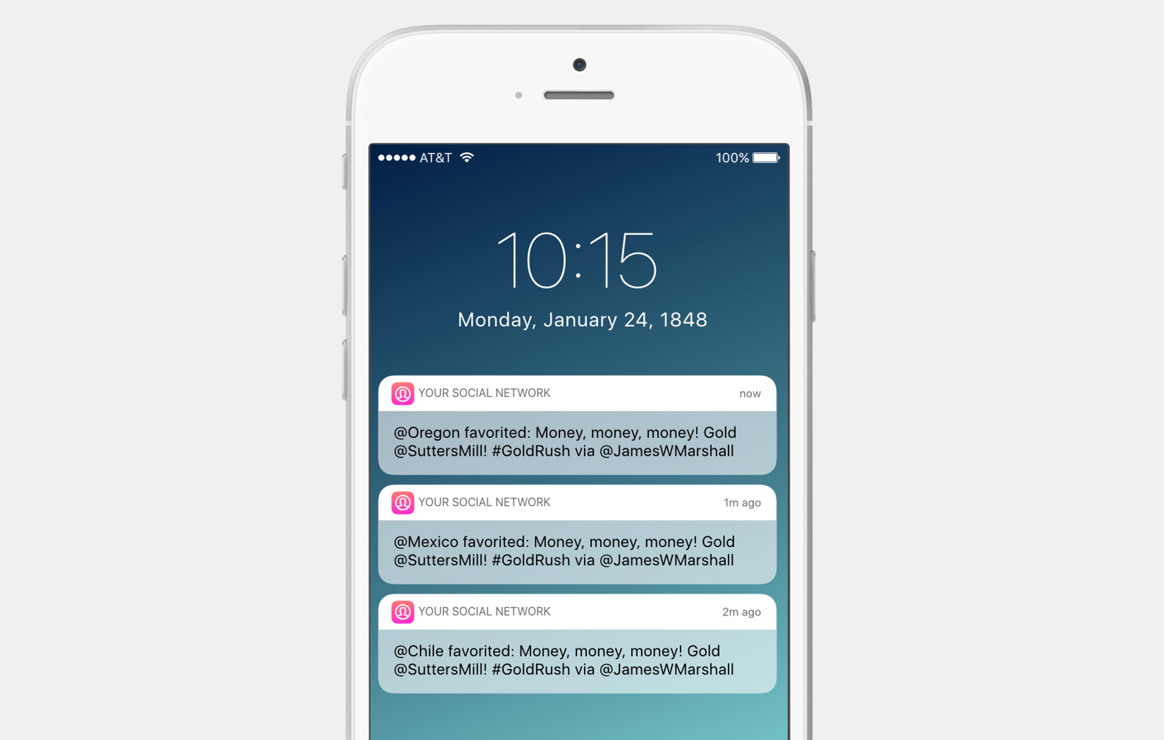 A smartphone screen displaying notifications from a social network, featuring messages about the Gold Rush and mentions of various users. The date shown is January 24, 1848.