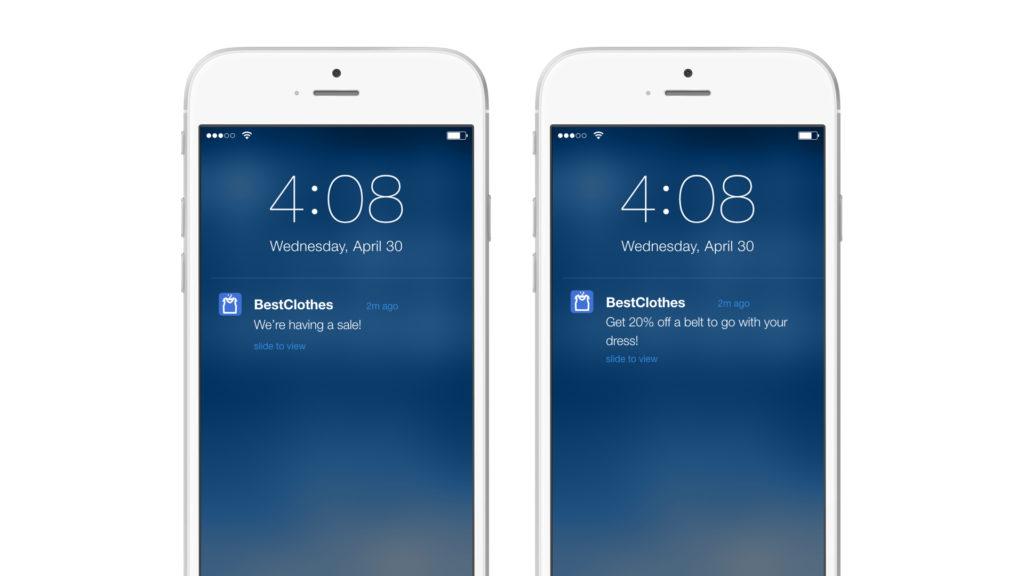 Two smartphones displaying notifications from "BestClothes" about a sale, with the time set to 4:08 on Wednesday, April 30. One notification mentions a sale, while the other offers a discount on a dress.