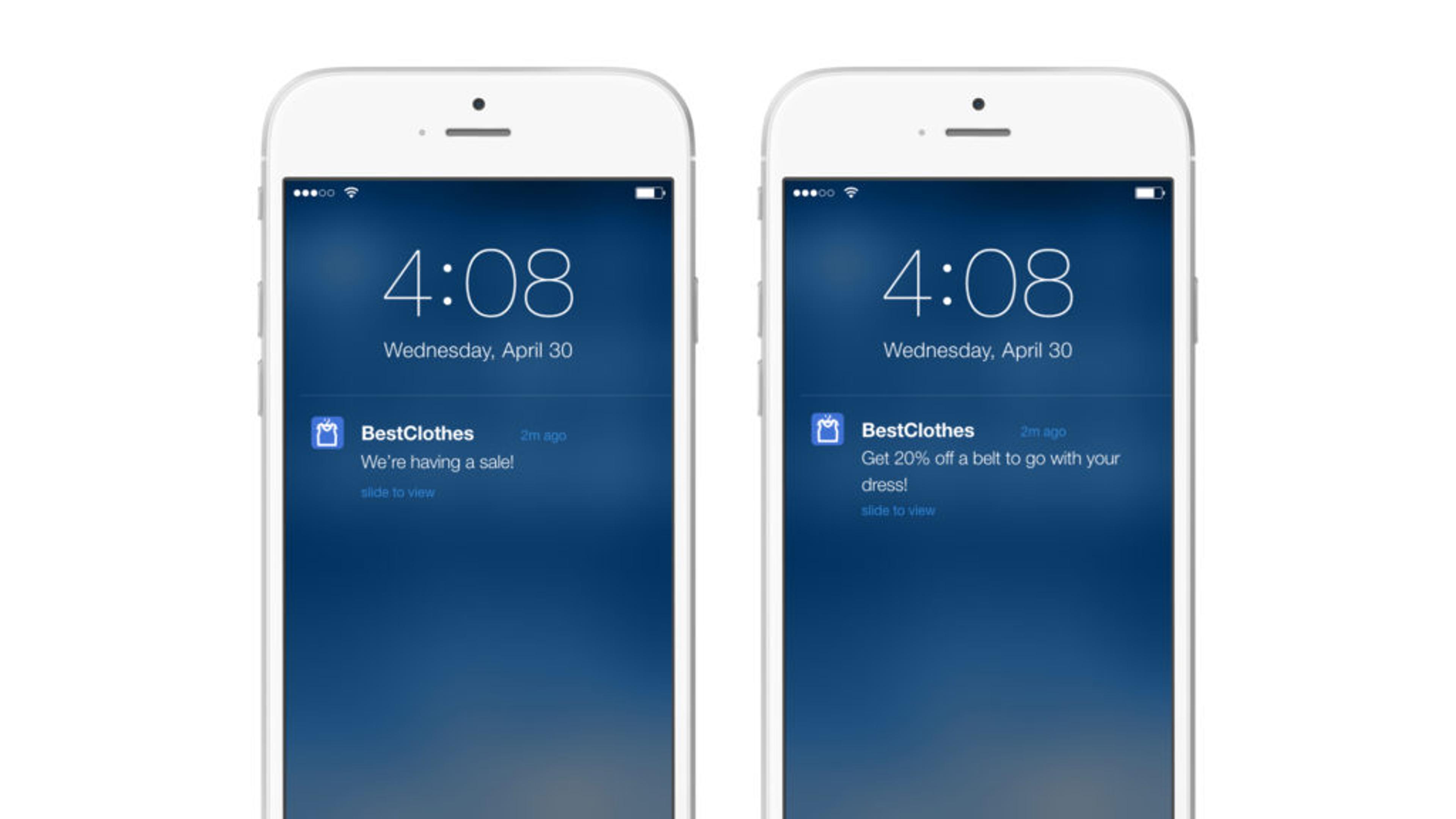 Two smartphones displaying notifications from "BestClothes" about a sale, with the time set to 4:08 on Wednesday, April 30. One notification mentions a sale, while the other offers a discount on a dress.