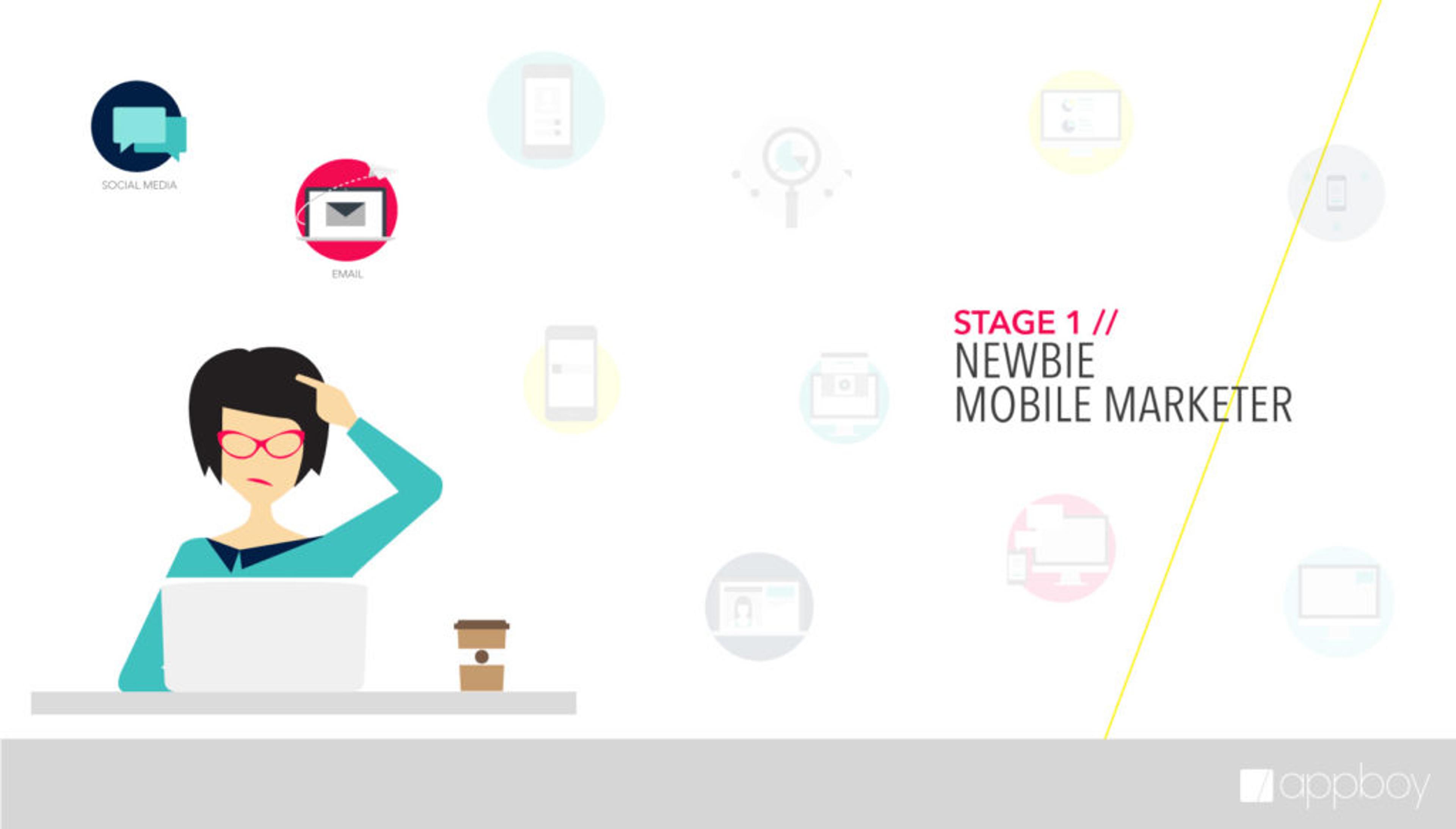 A person sitting at a desk with a laptop, looking confused, surrounded by icons representing social media, email, and mobile devices. The text reads "Stage 1 // Newbie Mobile Marketer.