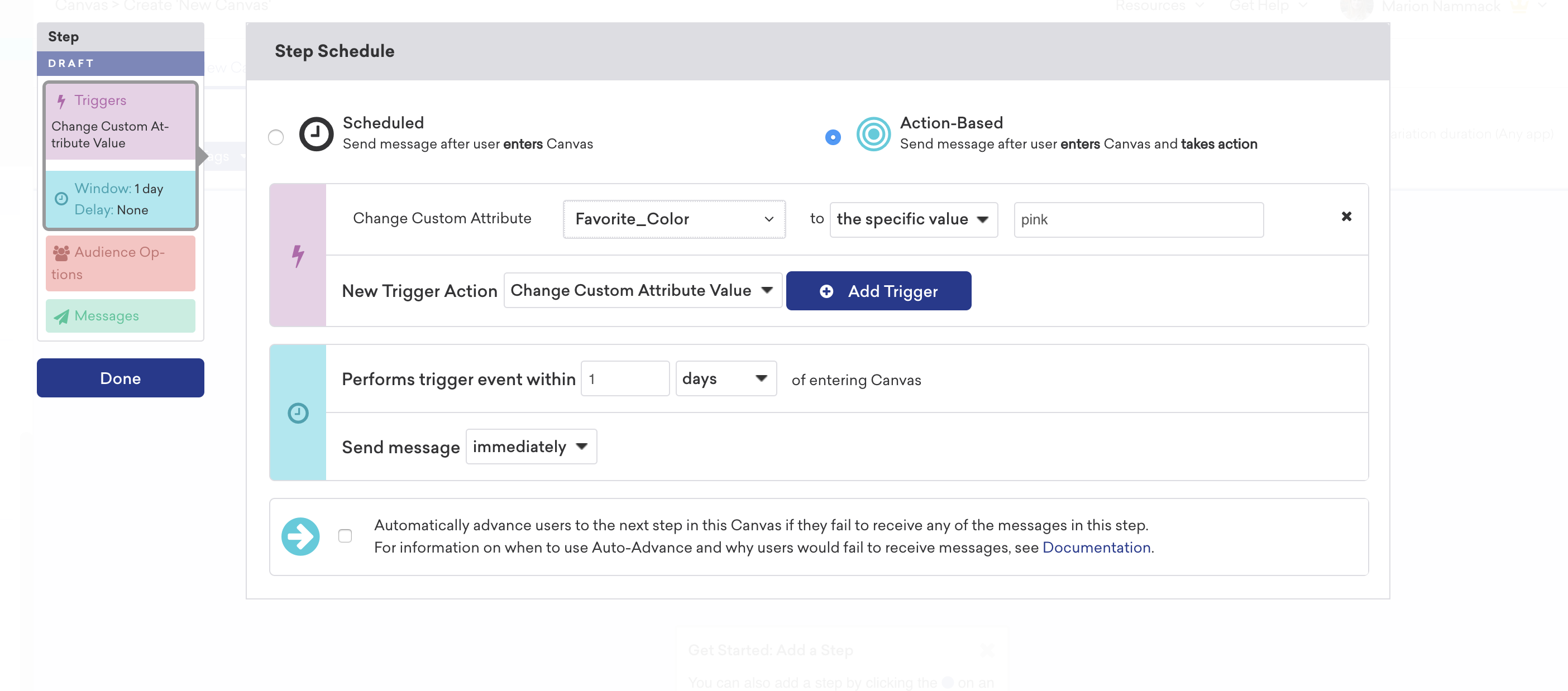 A user interface displaying a step schedule for an action-based trigger. It includes options to change a custom attribute value and set a message to send immediately.