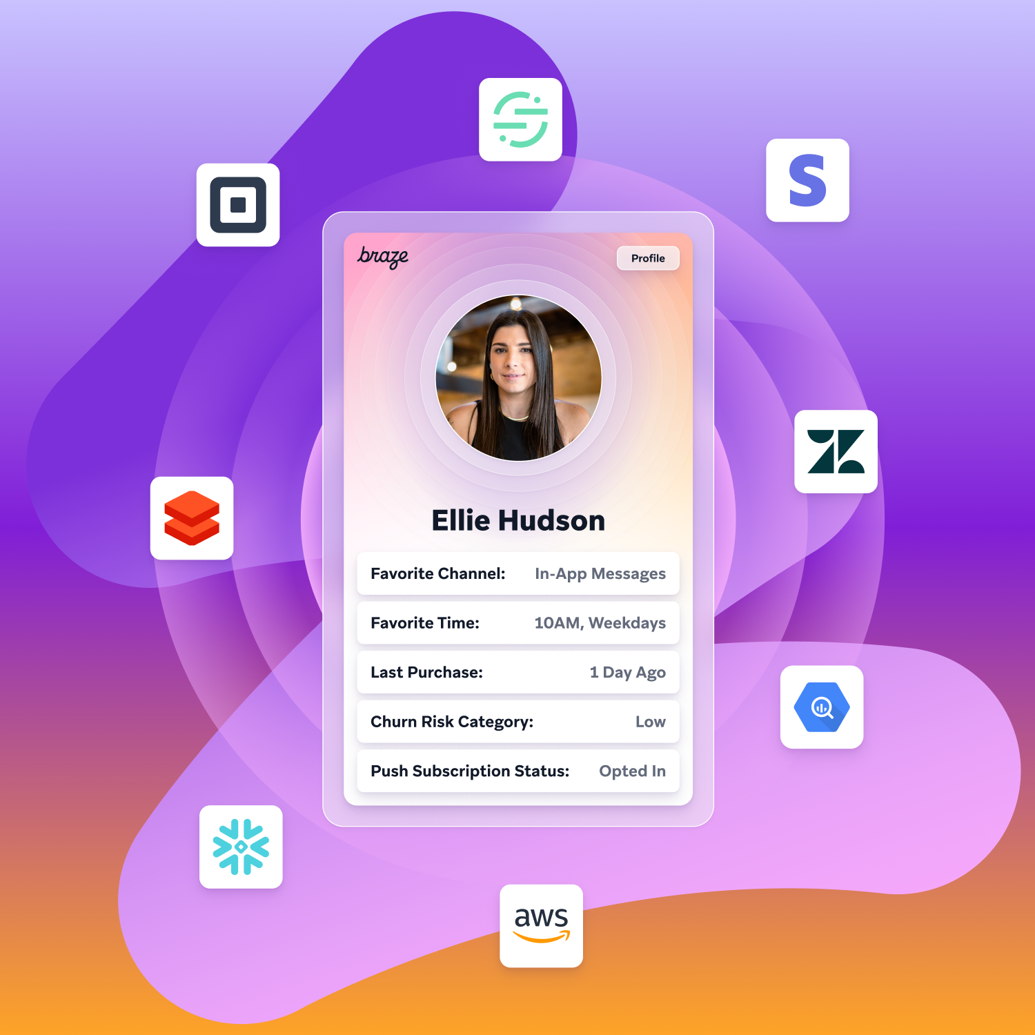 a customer profile with different data related icons around it. martech stack at braze, braze marketing automation, data automation tech, data automation platform, data automation solutions