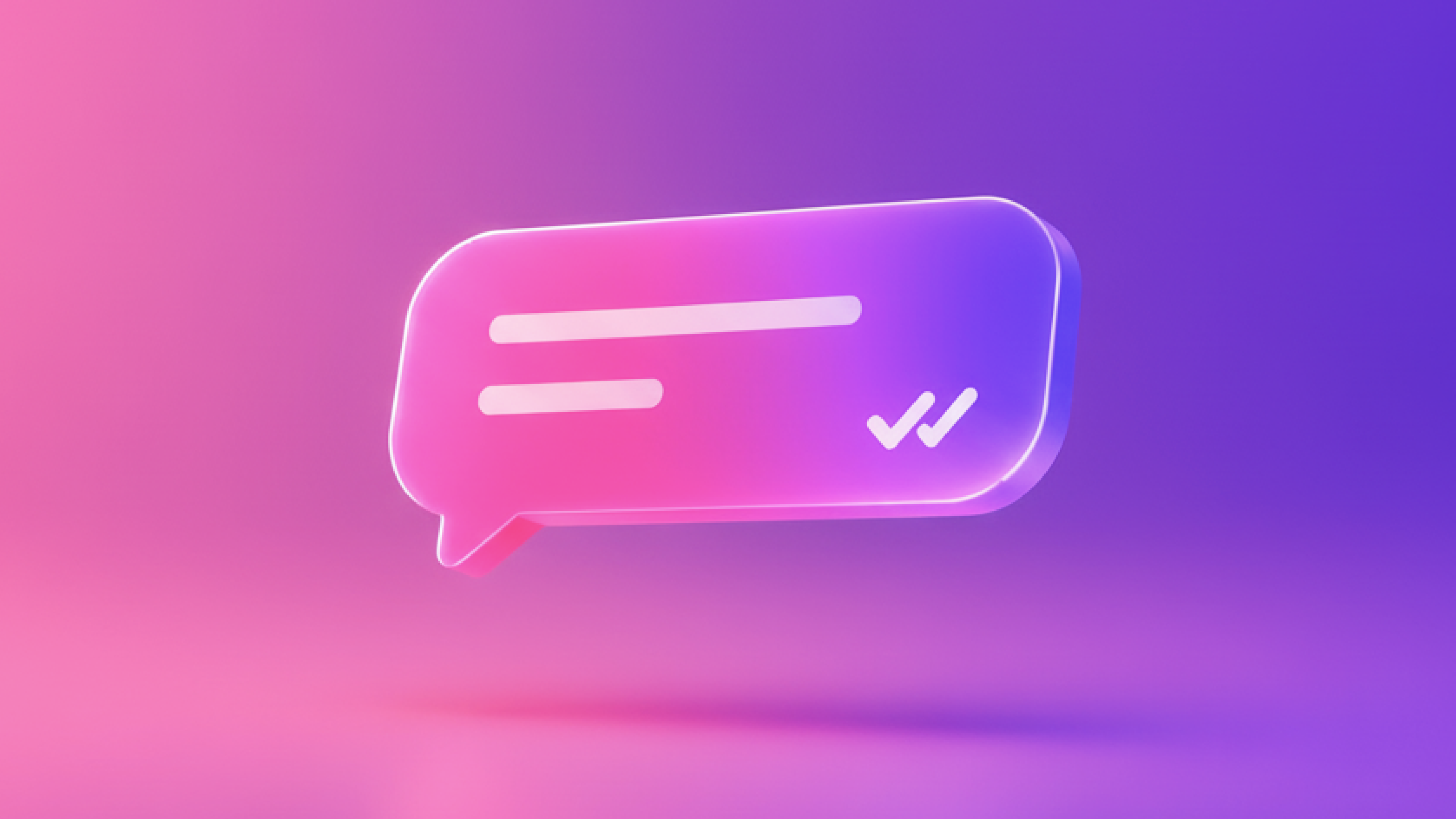 3D pink and purple gradient chat bubble icon with text lines and two checkmarks.