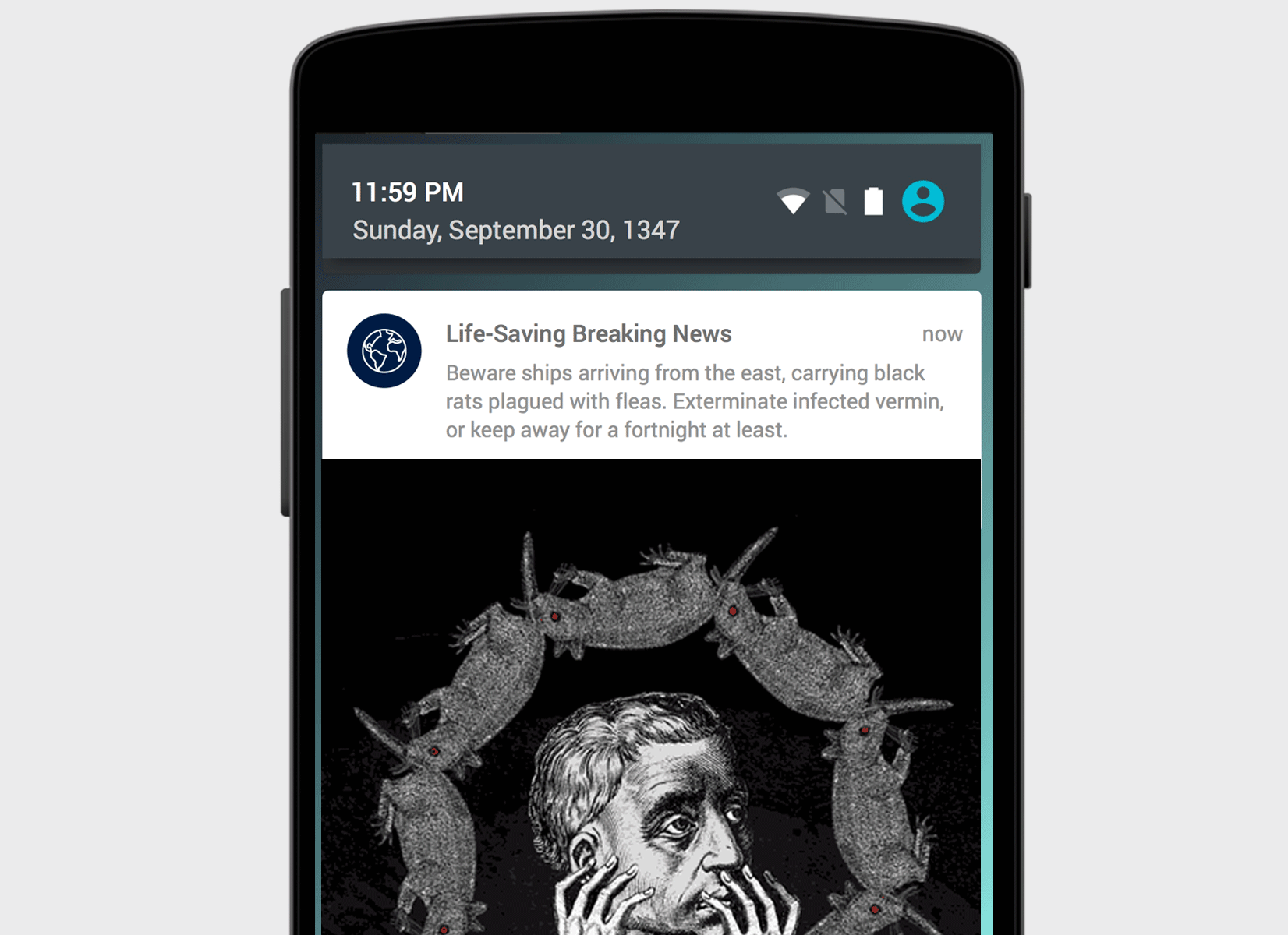 A smartphone screen displaying a notification about ships carrying plague-infested rats, with an illustration of a worried man surrounded by rats. The date shows September 30, 1347.