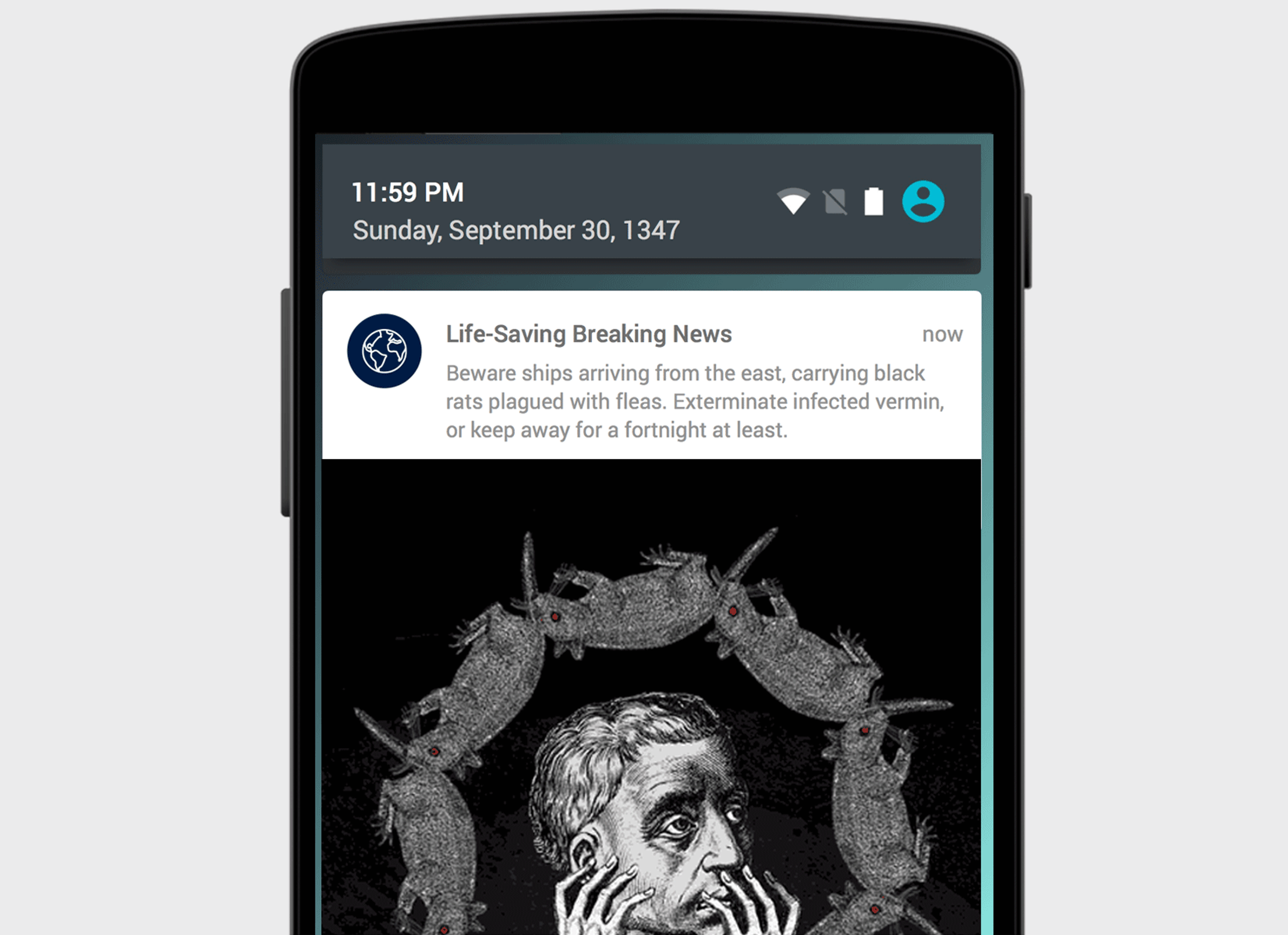 A smartphone screen displaying a notification about ships carrying plague-infested rats, with an illustration of a worried man surrounded by rats. The date shows September 30, 1347.