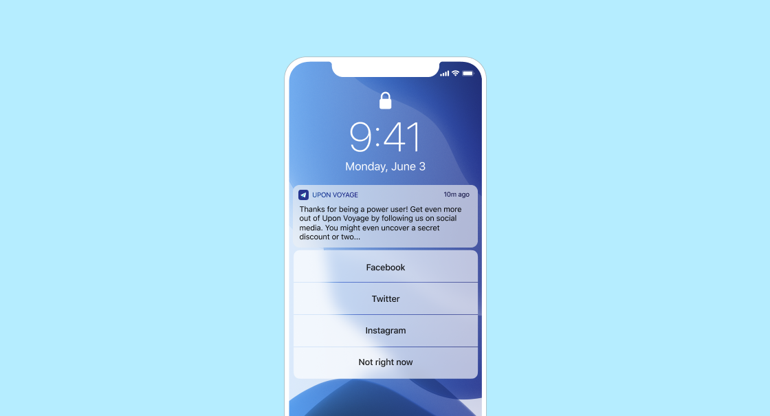A smartphone screen displaying a notification from "Upon Voyage" about social media engagement options. The time is 9:41 AM on June 3.