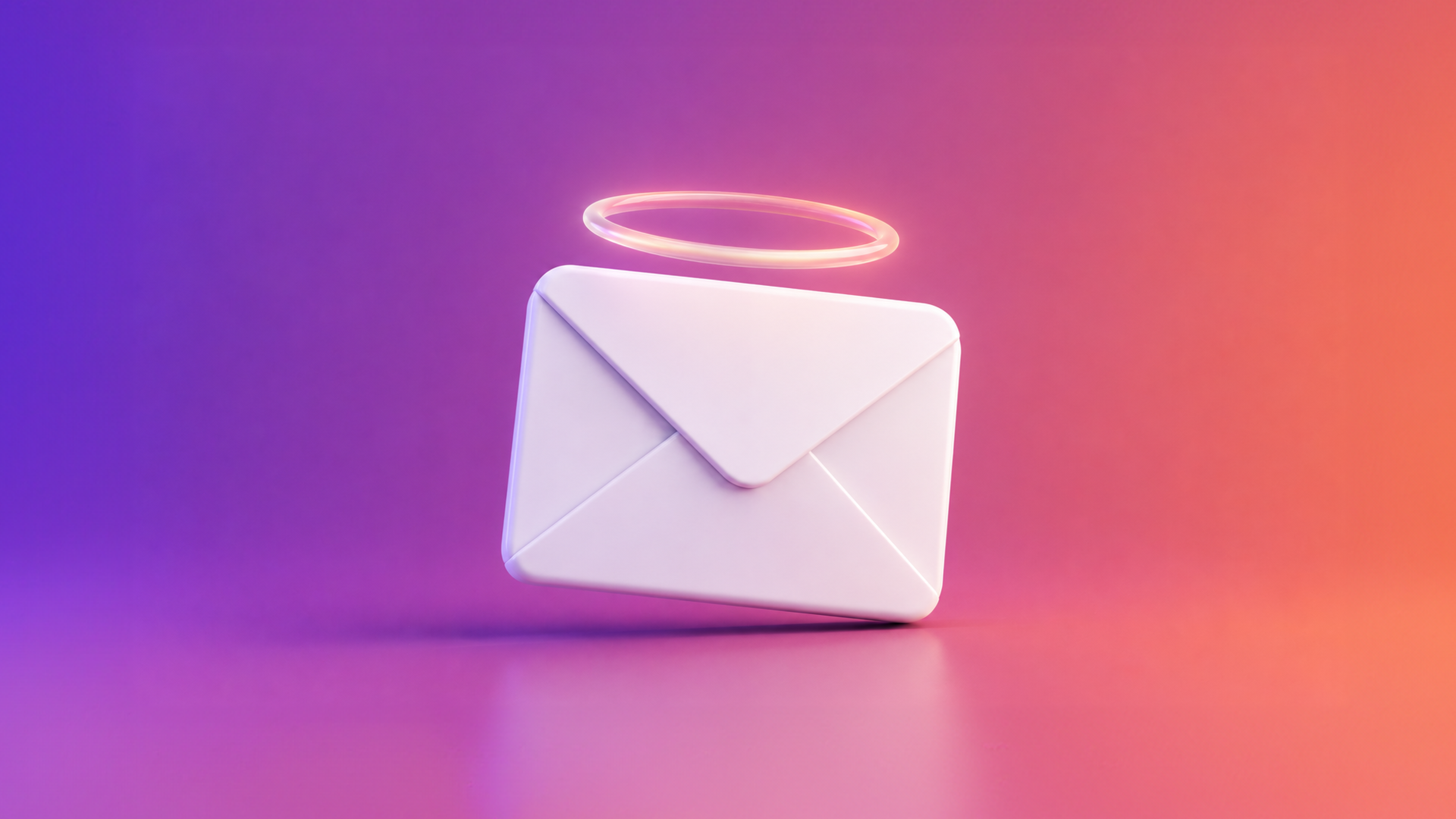 White envelope with a glowing halo floating above it against a purple-to-orange gradient background.