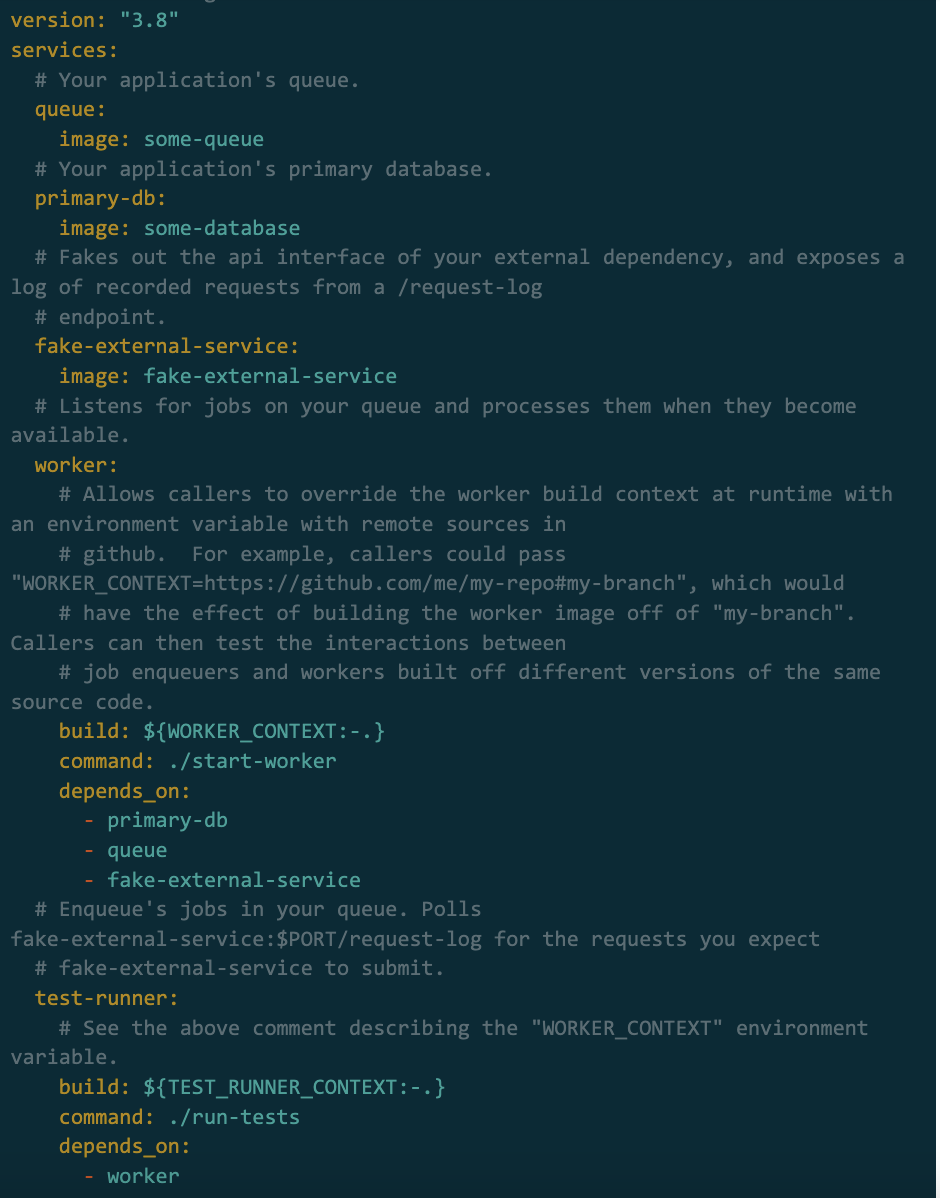 YAML configuration code defining services like queue, database, worker, and test runner.