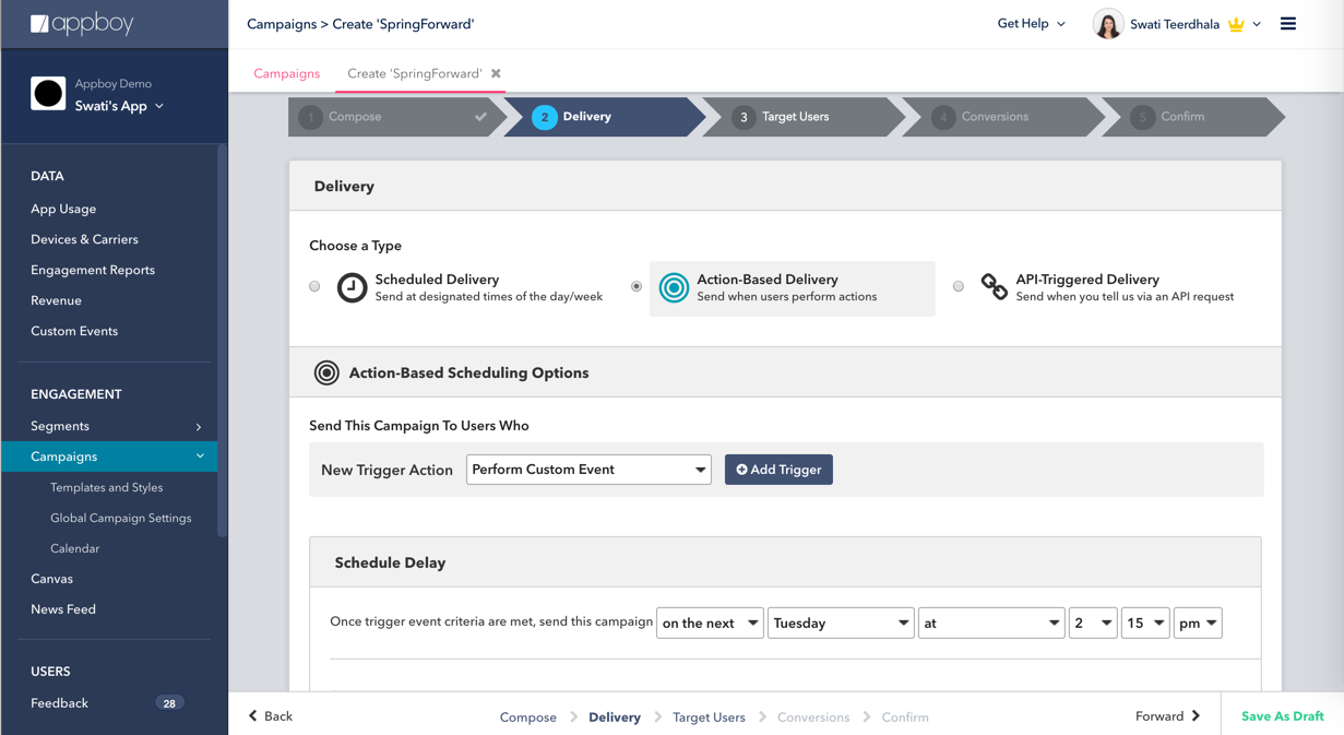 A user interface for a campaign creation tool, displaying options for delivery types and scheduling settings. Sections include "Choose a Type," "Action-Based Delivery," and "Schedule Delay.