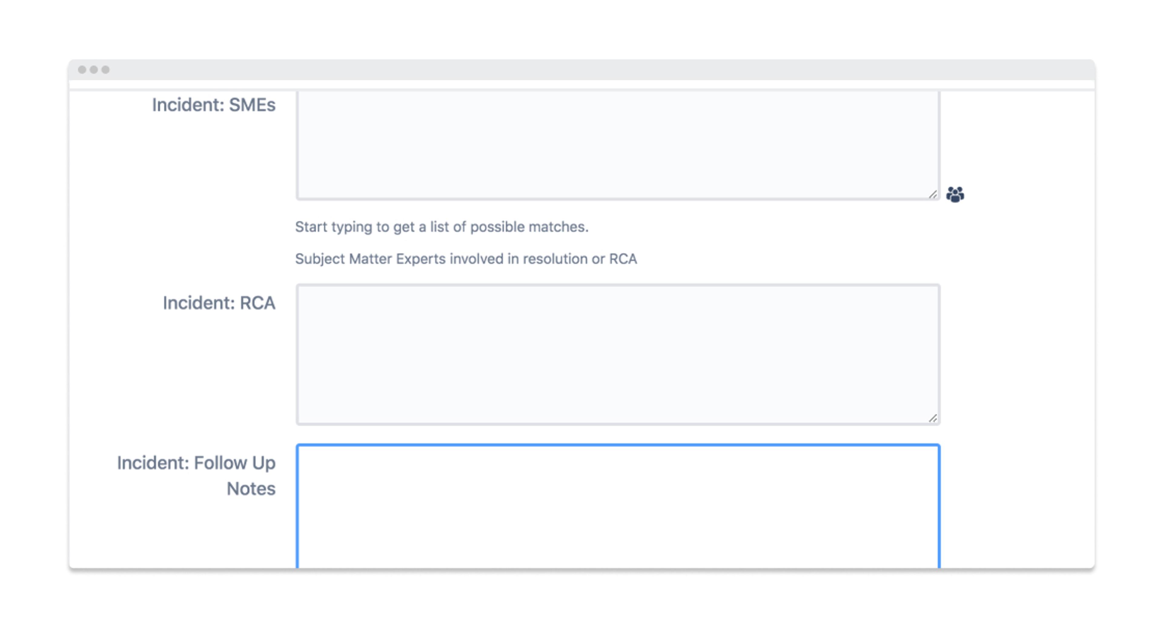 A computer screen displaying a form with fields for entering incident details, including sections for "SMEs," "RCA," and "Follow Up Notes.