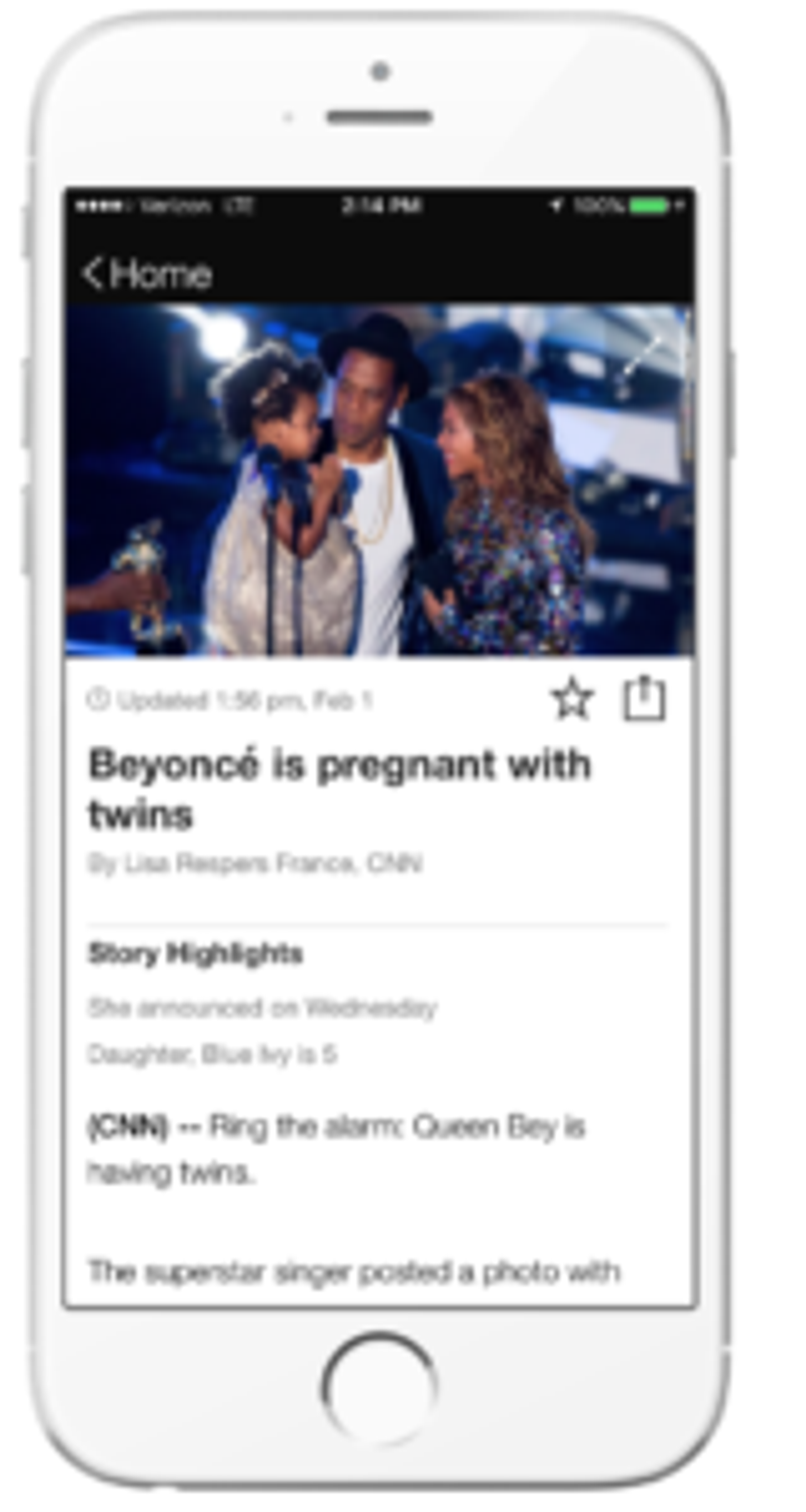 A smartphone screen displays a news article about Beyoncé announcing her pregnancy with twins, featuring a photo of her with Jay-Z and another woman. The article includes highlights and the source, CNN.