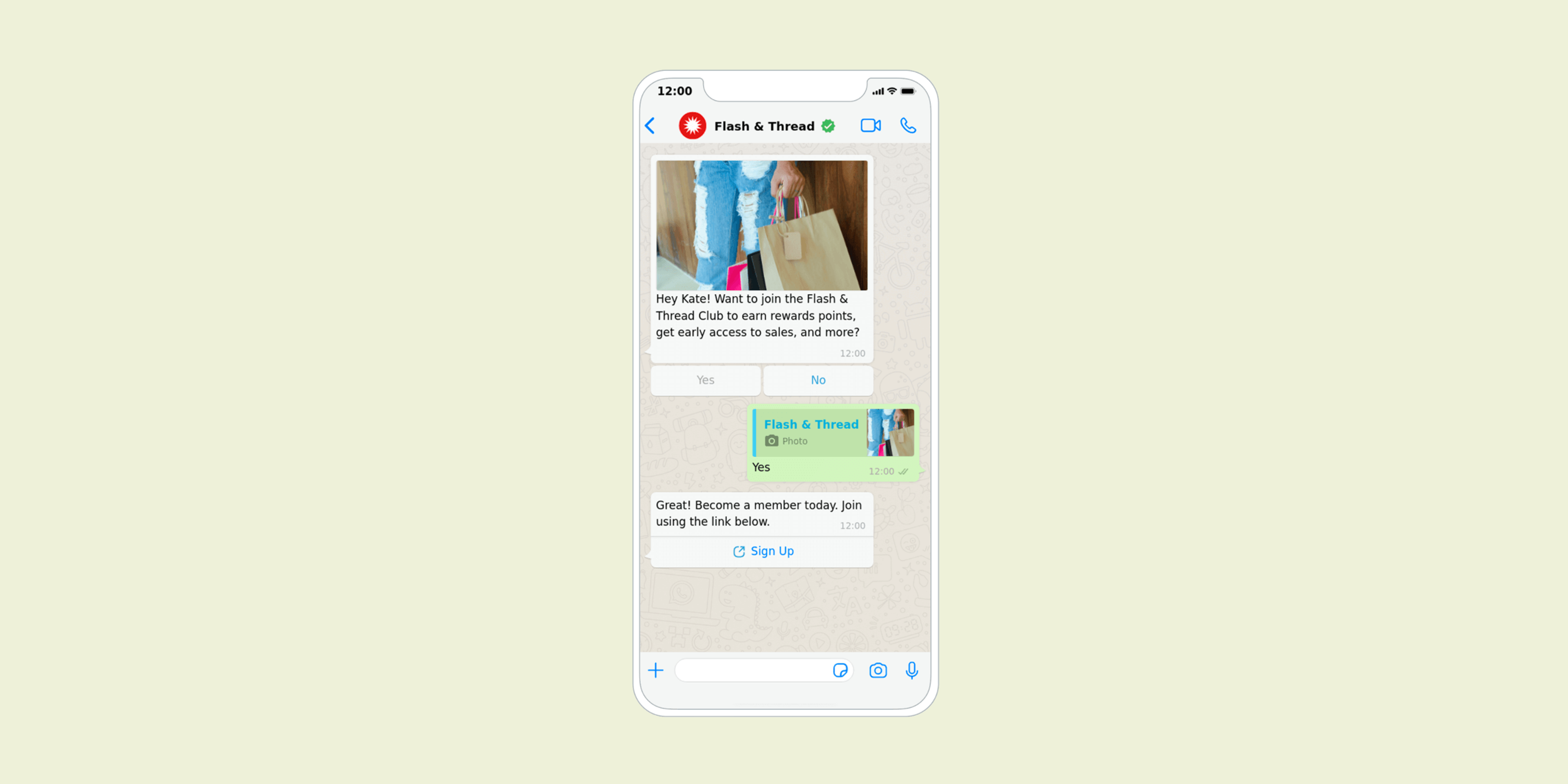 A smartphone screen displaying a chat conversation about joining a club called Flash & Thread, with messages about membership and a link to sign up.