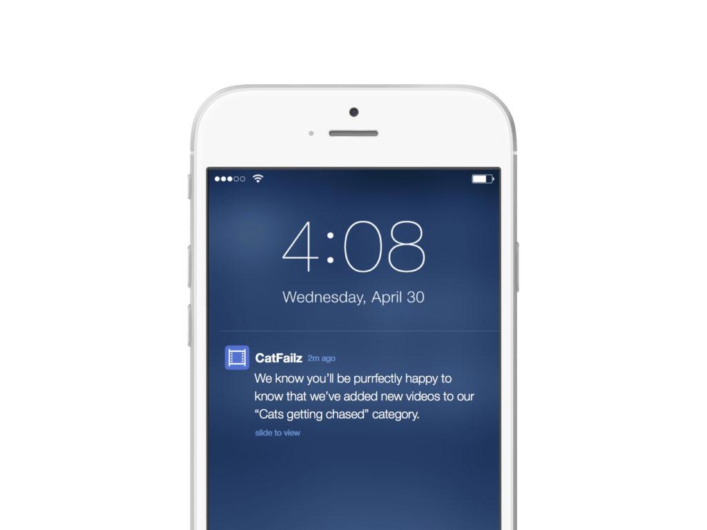 A smartphone screen displaying a notification from CatFailz about new videos added to the "Cats getting chased" category. The time is 4:08 PM on Wednesday, April 30.