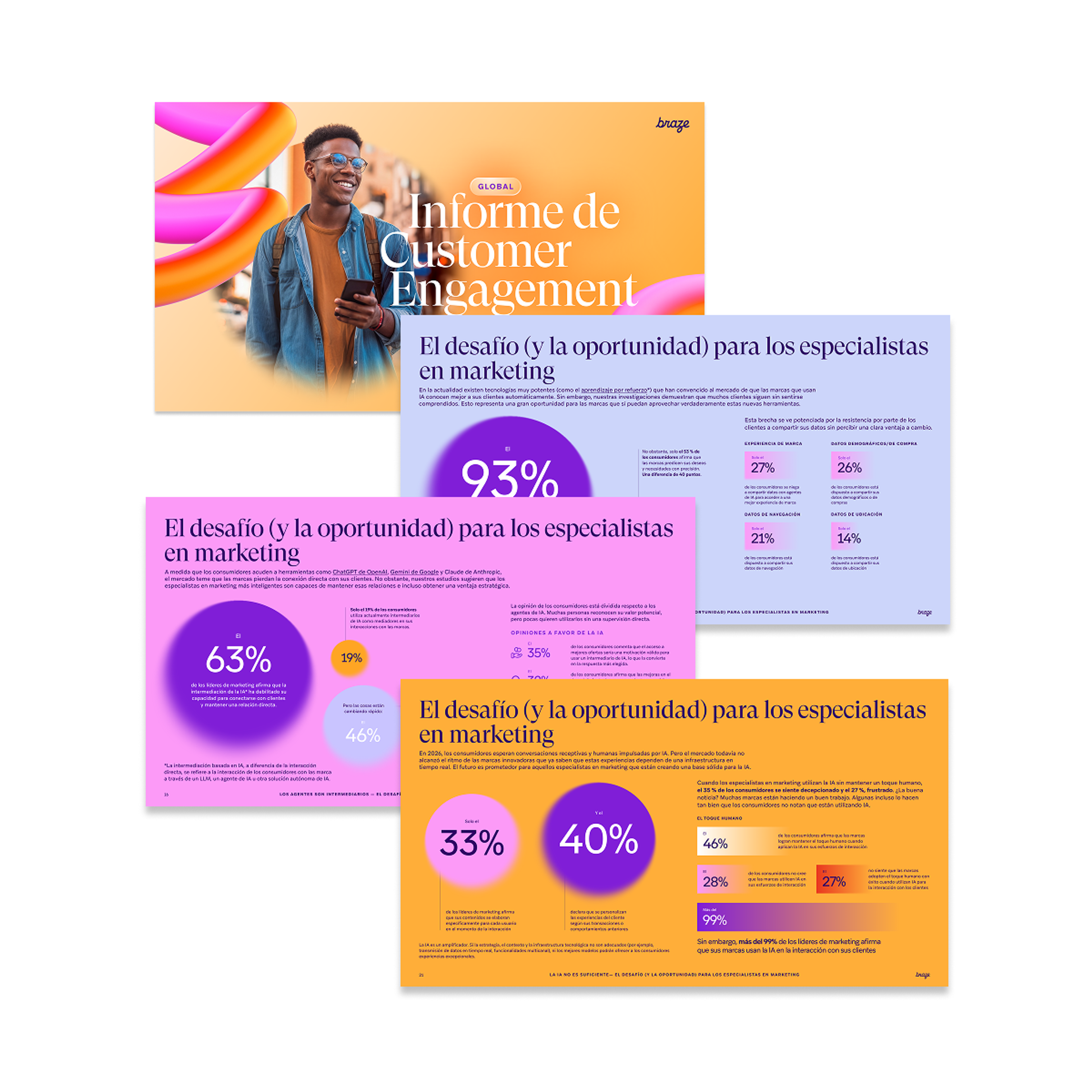 A collection of digital report pages on customer engagement and marketing, featuring a cover with a smiling man and internal pages filled with colorful statistics.
