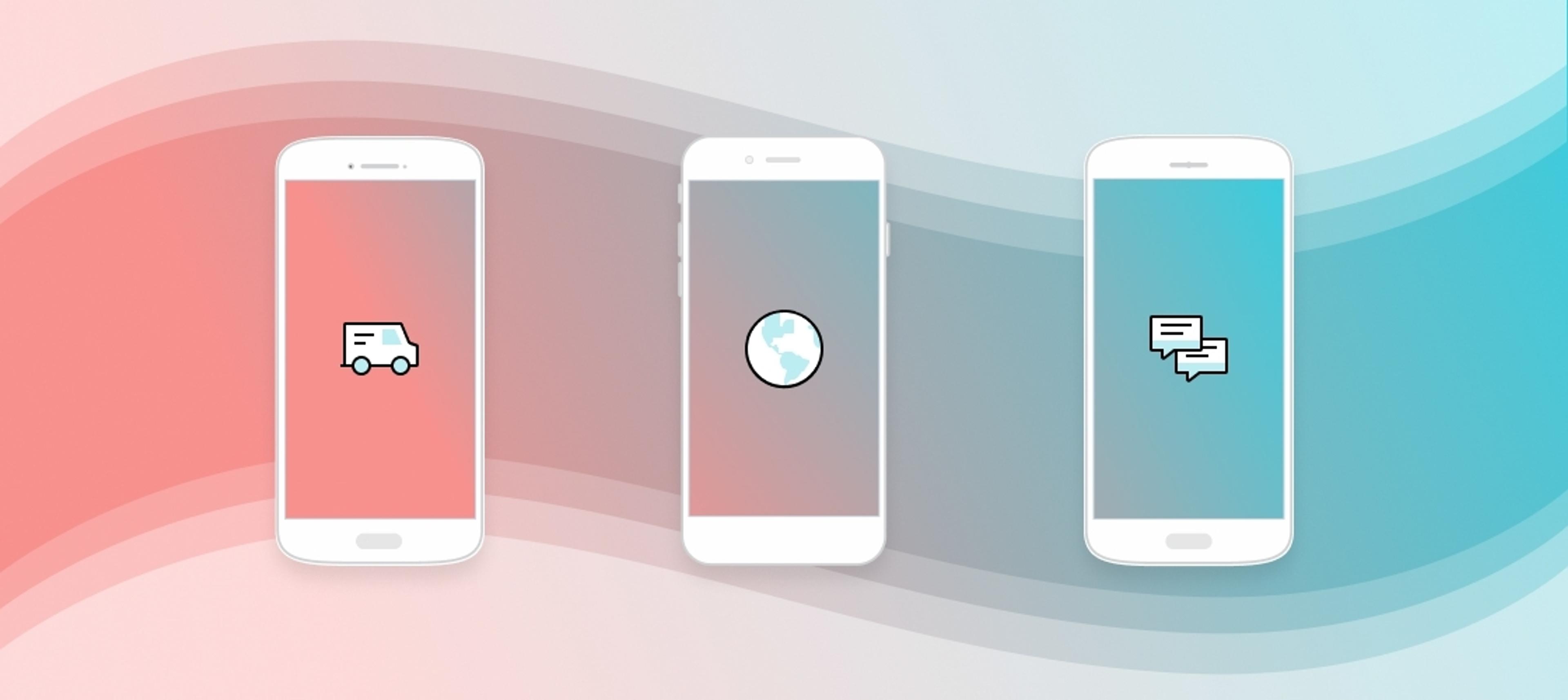 Three smartphones with different app icons: a delivery truck, a globe, and chat bubbles, set against a gradient background.