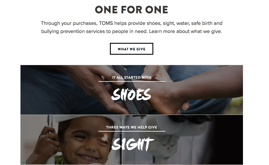 A promotional image for TOMS highlighting their "One for One" initiative, featuring hands providing shoes and a child smiling. Text explains their commitment to giving shoes, sight, and other services to those in need.
