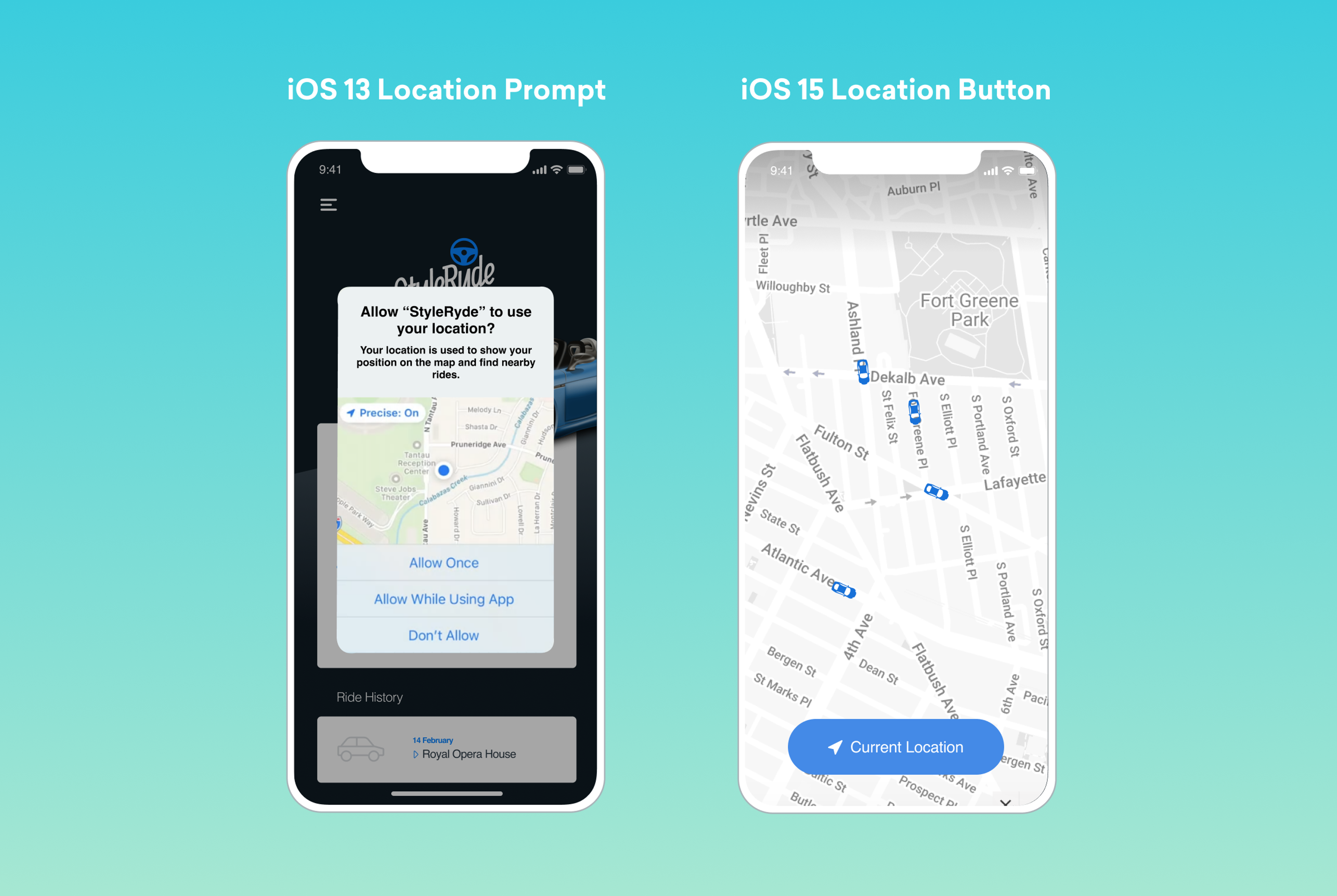 Two smartphone screens displaying location features. The left screen shows a location permission prompt for an app, while the right screen displays a map with a "Current Location" button.