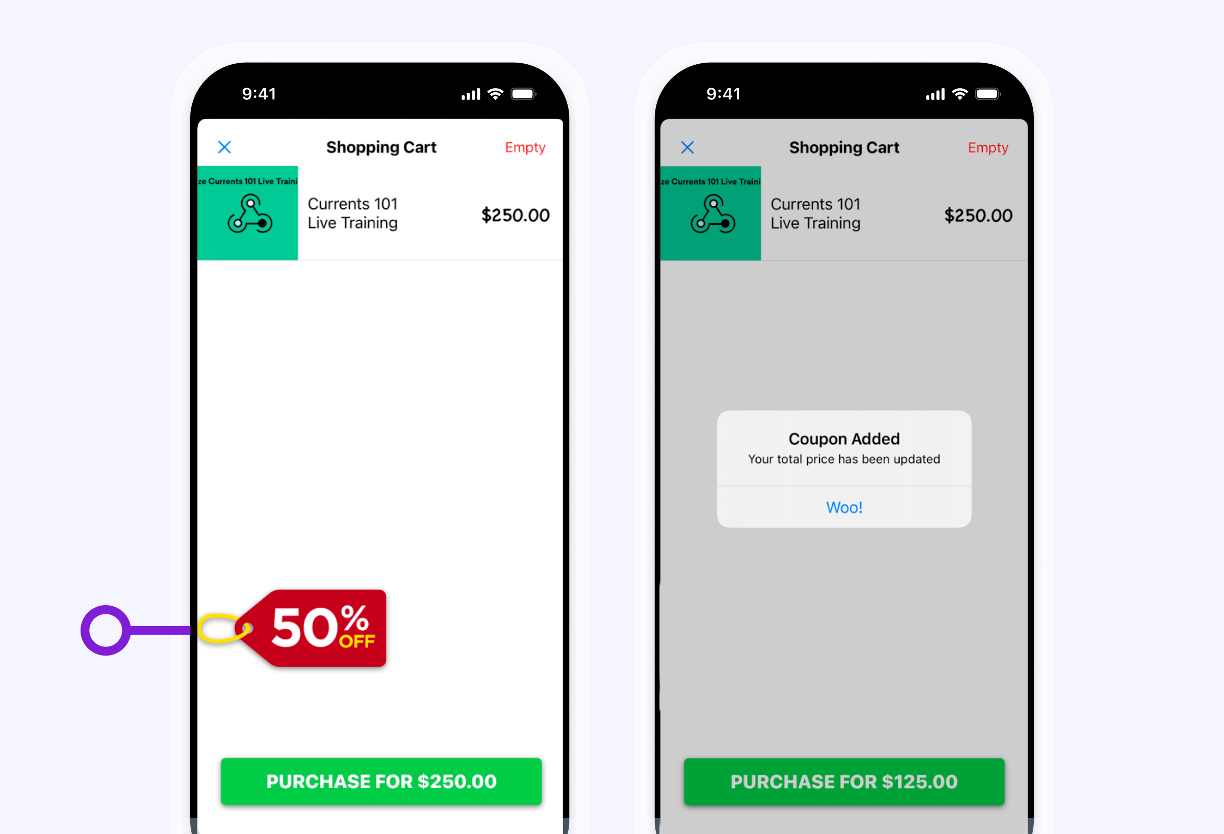 A shopping cart screen shows a live training course priced at $250. A coupon is applied, reducing the price to $125 with a confirmation message.