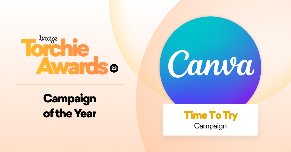 Graphic announcing the 2023 Braze Torchie Awards, highlighting Canva as the Campaign of the Year for "Time to Try.