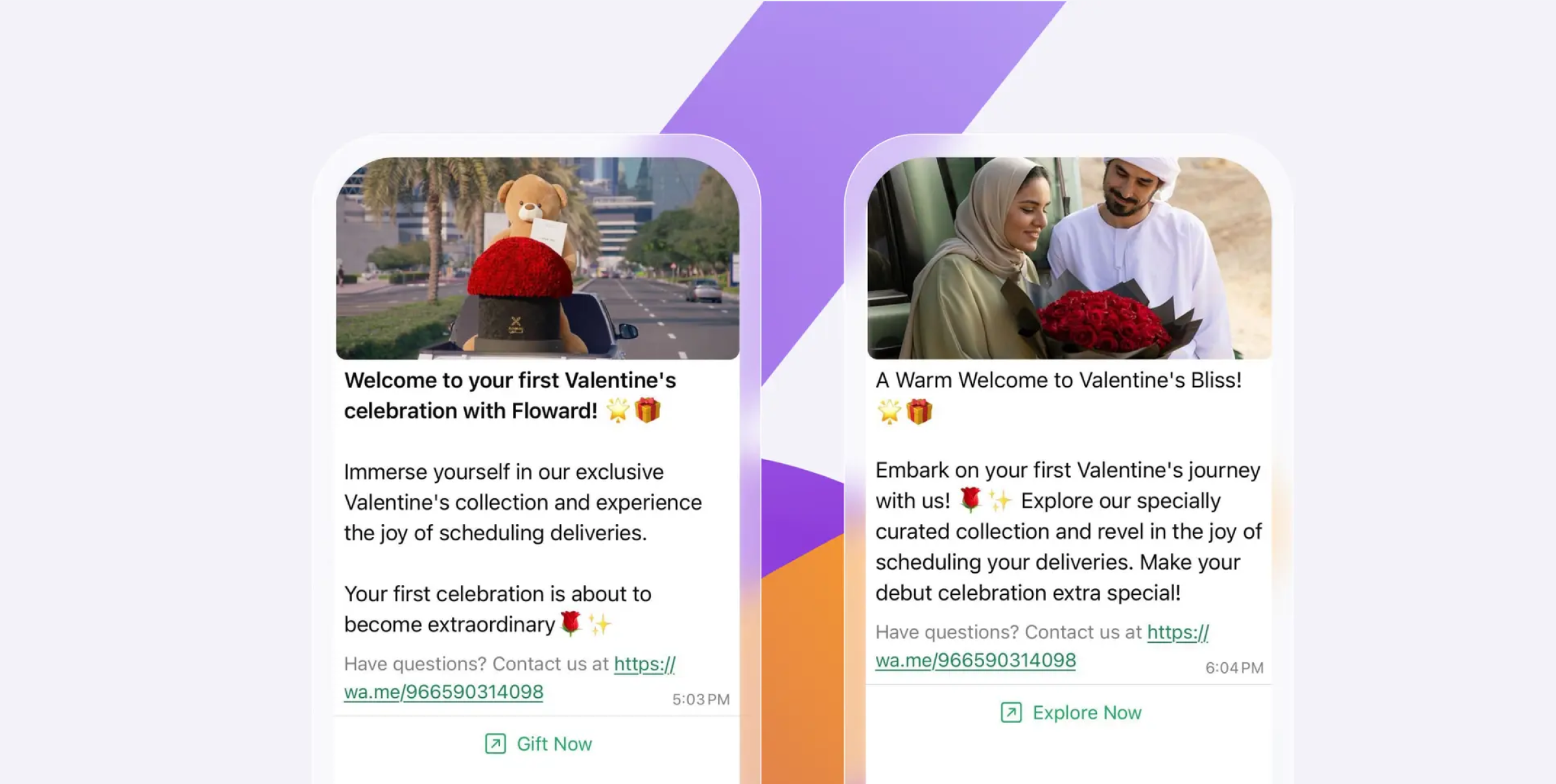 Two promotional messages for Valentine's celebrations with Floward. The left message invites users to schedule deliveries, while the right message encourages exploration of curated collections for the occasion.