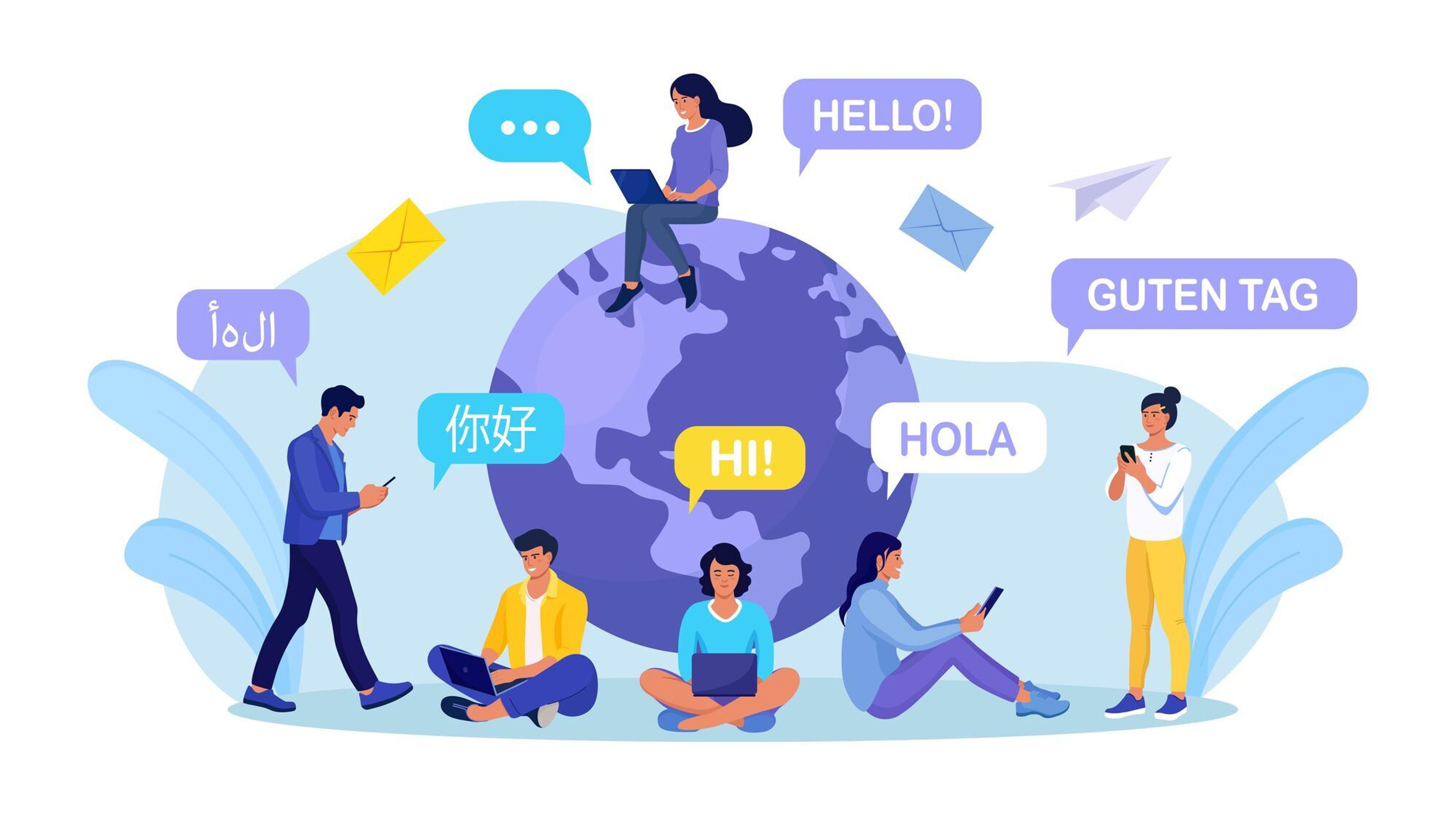 a group of people are talking to each other in different languages around the world .