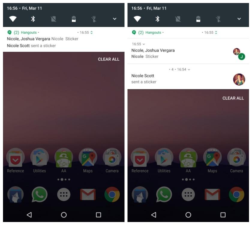 A smartphone screen displaying notifications from the Hangouts app, showing messages from Nicole Scott and Joshua Vergara, along with a sticker sent by Nicole. The bottom of the screen features various app icons.