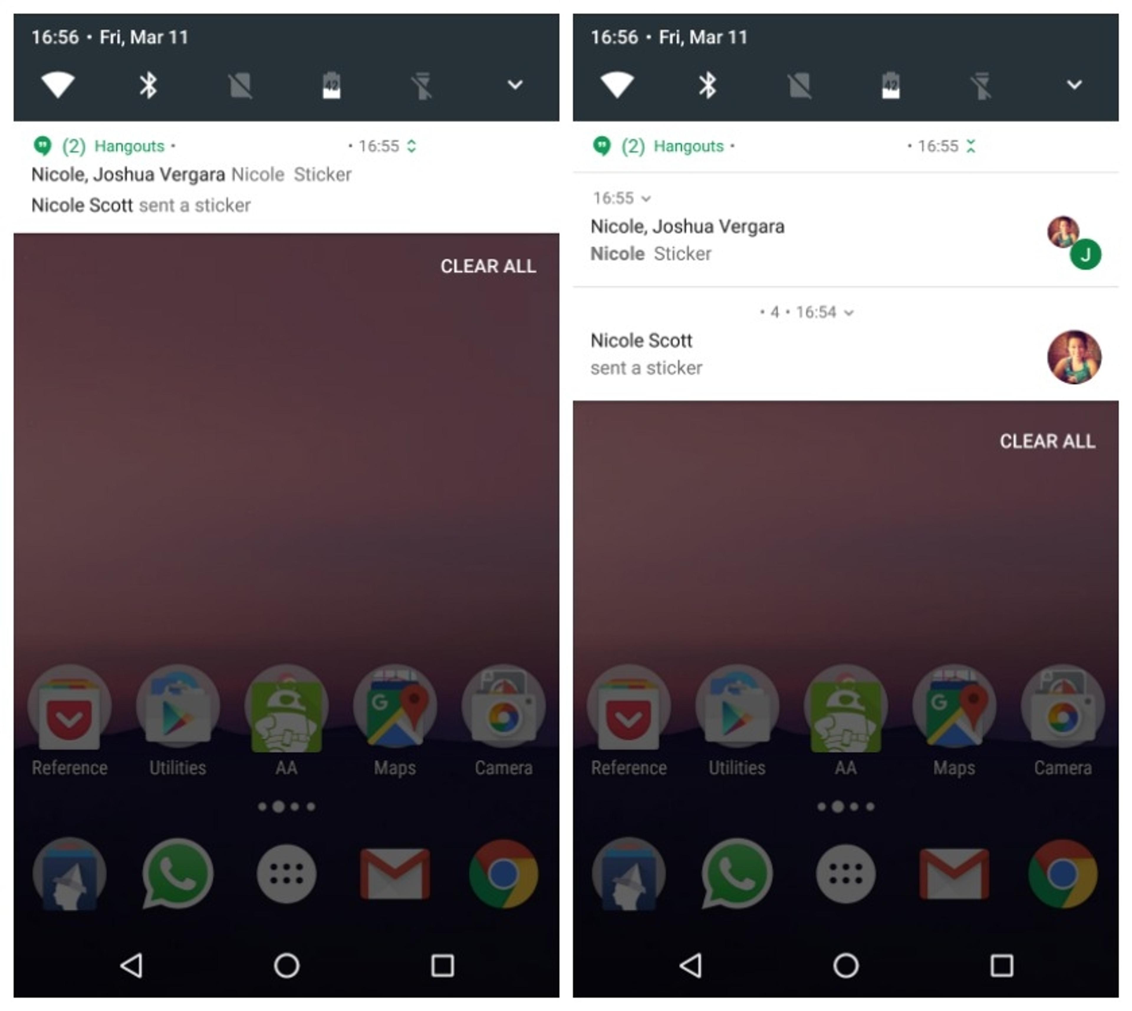 A smartphone screen displaying notifications from the Hangouts app, showing messages from Nicole Scott and Joshua Vergara, along with a sticker sent by Nicole. The bottom of the screen features various app icons.