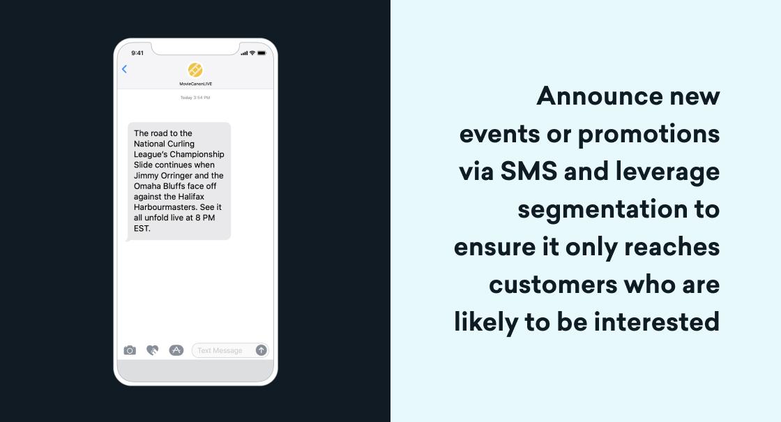 Graphic showing a smartphone with a promotional SMS about a curling championship next to text explaining that businesses can announce new events or promotions via segmented SMS to reach interested customers.