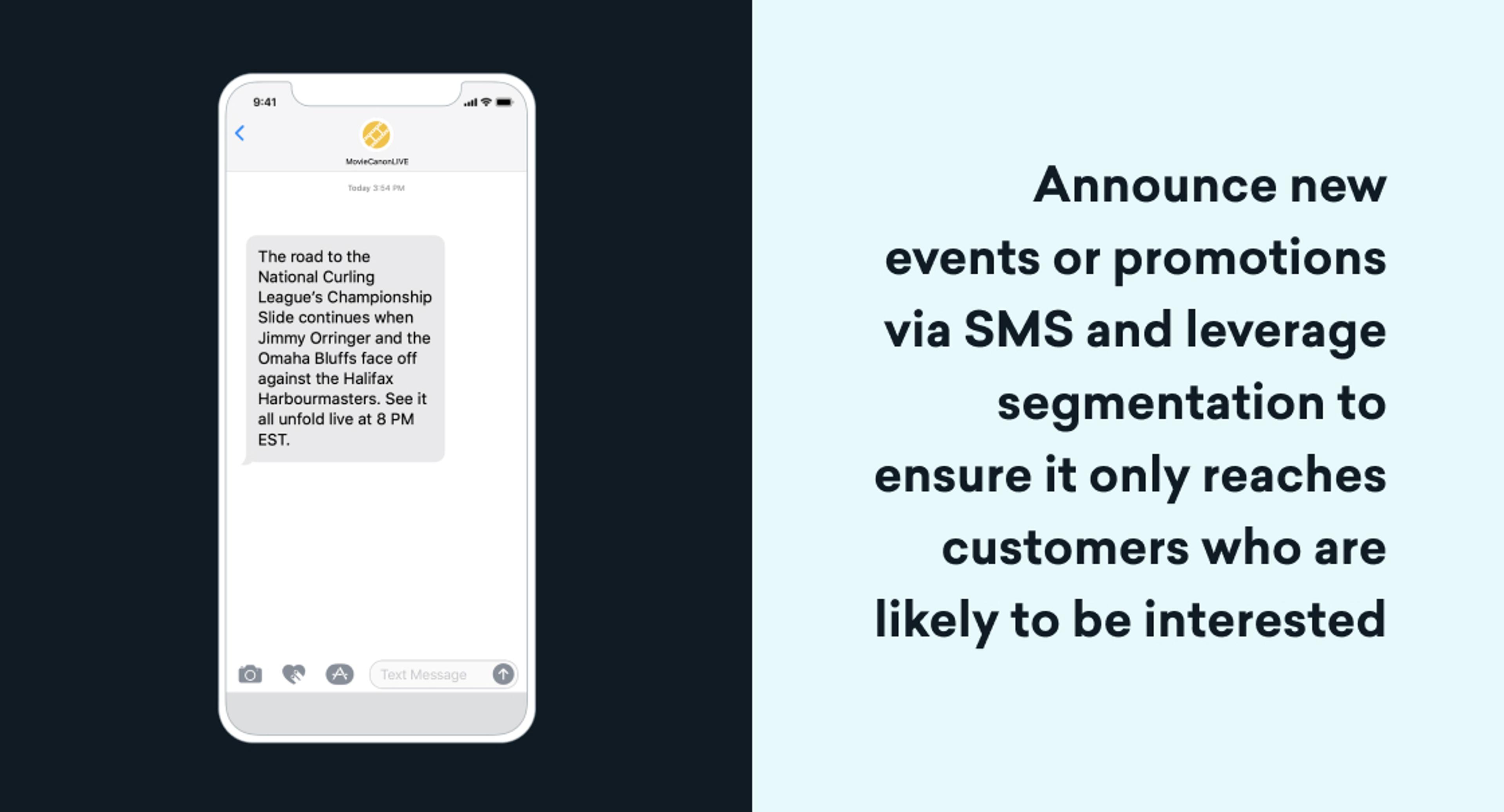 Graphic showing a smartphone with a promotional SMS about a curling championship next to text explaining that businesses can announce new events or promotions via segmented SMS to reach interested customers.