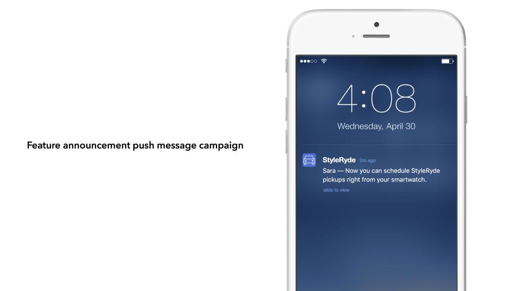 A smartphone displaying a notification for a feature announcement from the StyleRyde app, indicating the ability to schedule pickups from a smartwatch. The time shown is 4:08 on Wednesday, April 30.