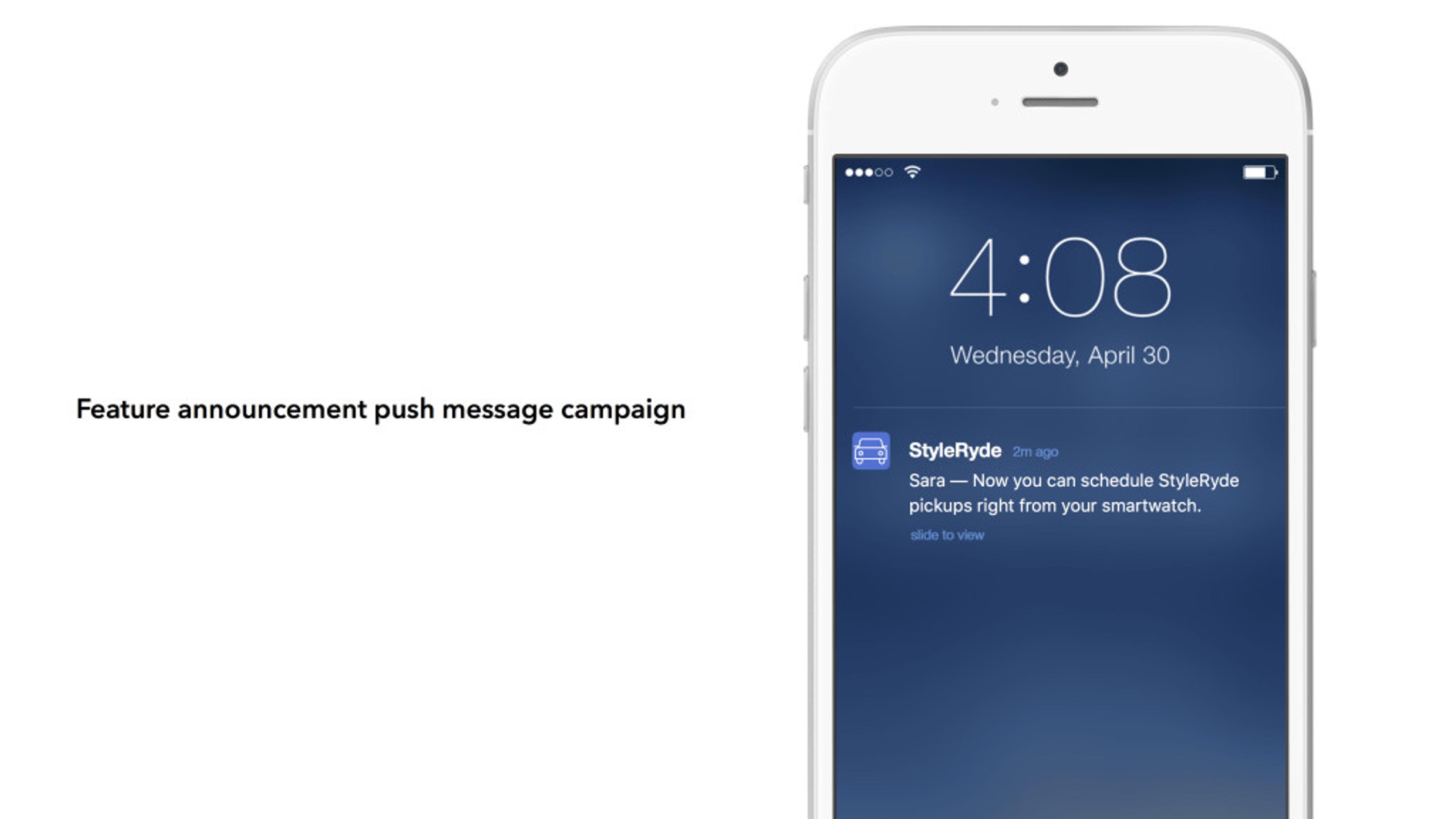 A smartphone displaying a notification for a feature announcement from the StyleRyde app, indicating the ability to schedule pickups from a smartwatch. The time shown is 4:08 on Wednesday, April 30.