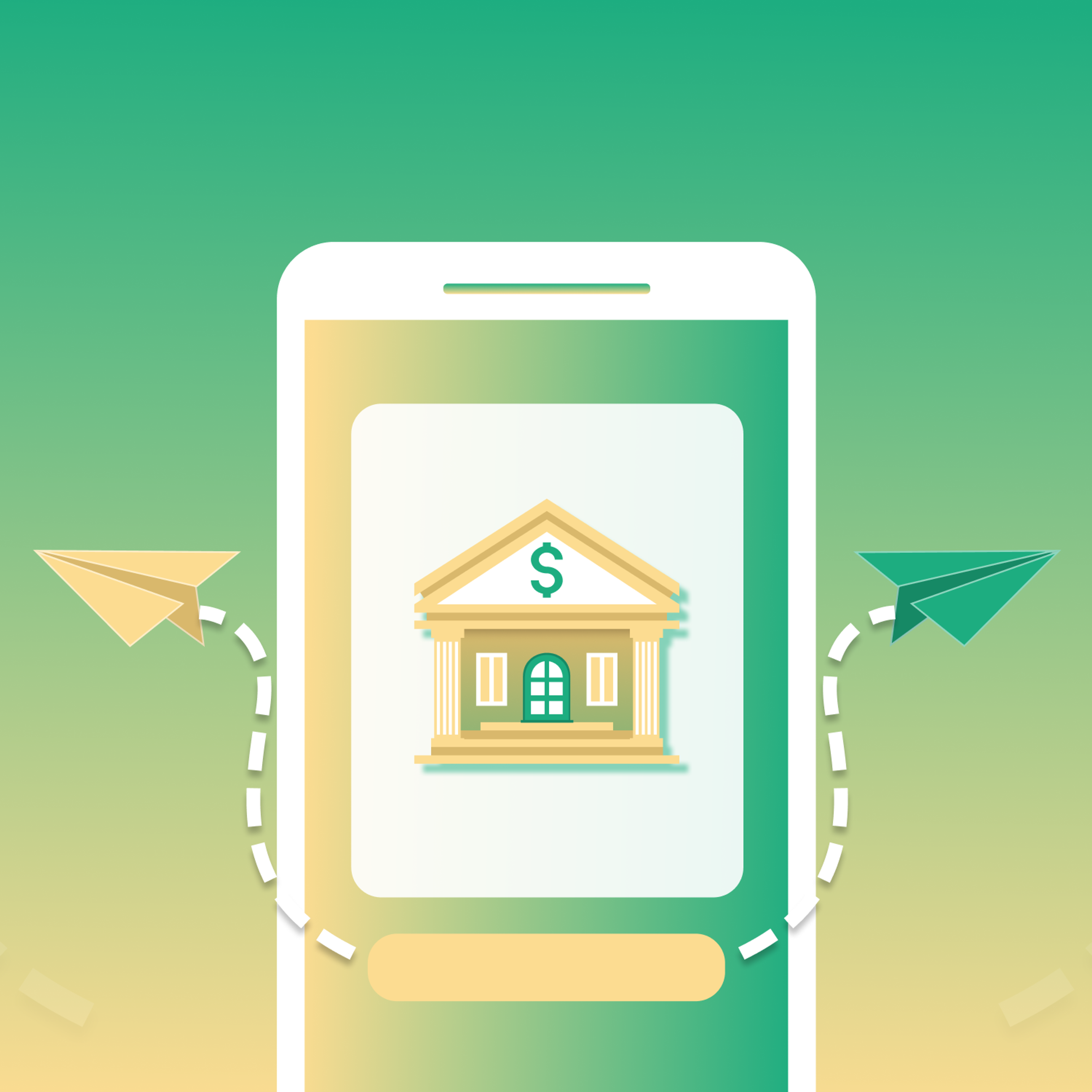 A smartphone displaying a bank icon with dollar sign, surrounded by paper airplane graphics indicating money transfer.