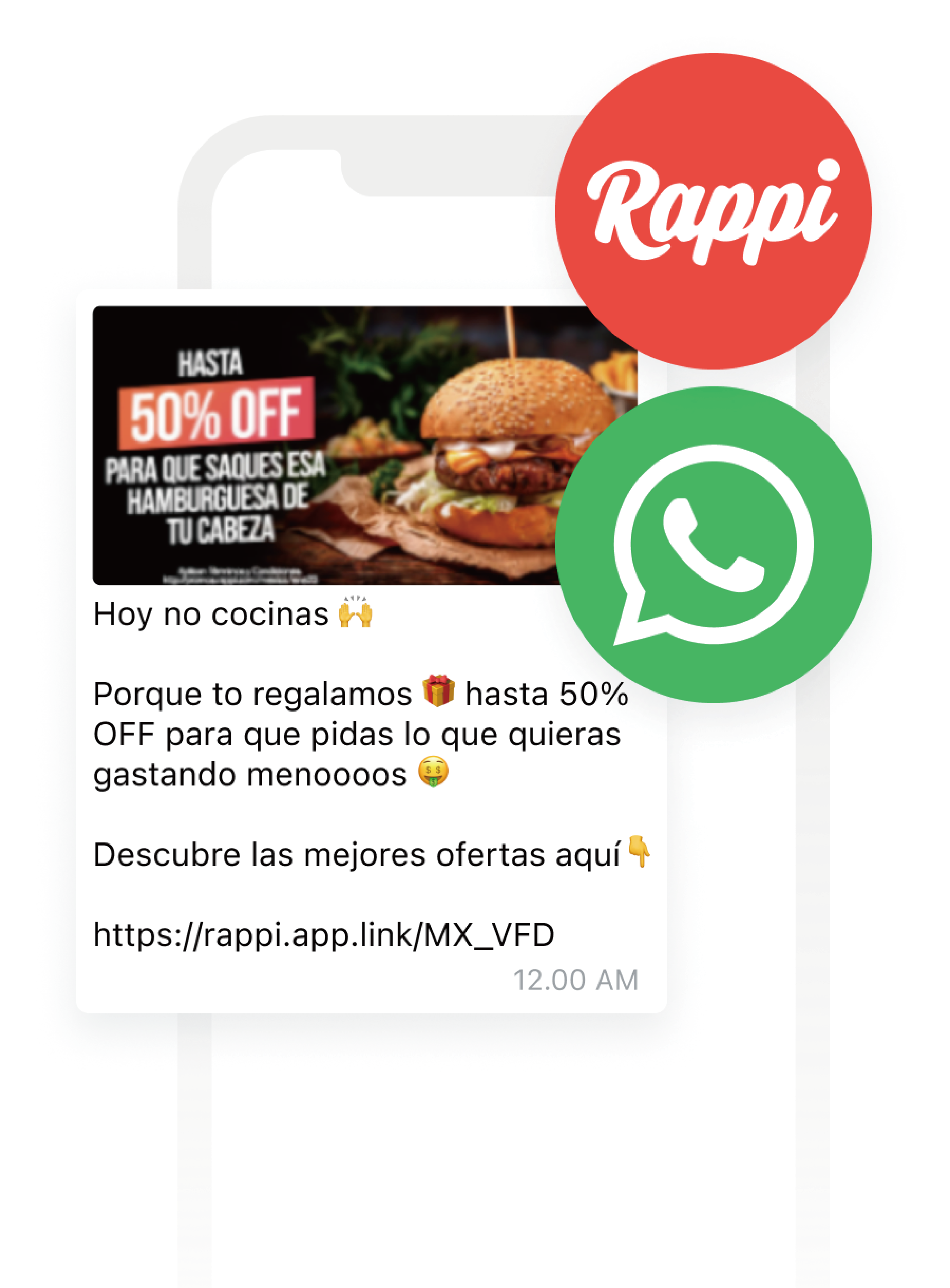 a phone displays a message from a restaurant that says hasta 50 % off