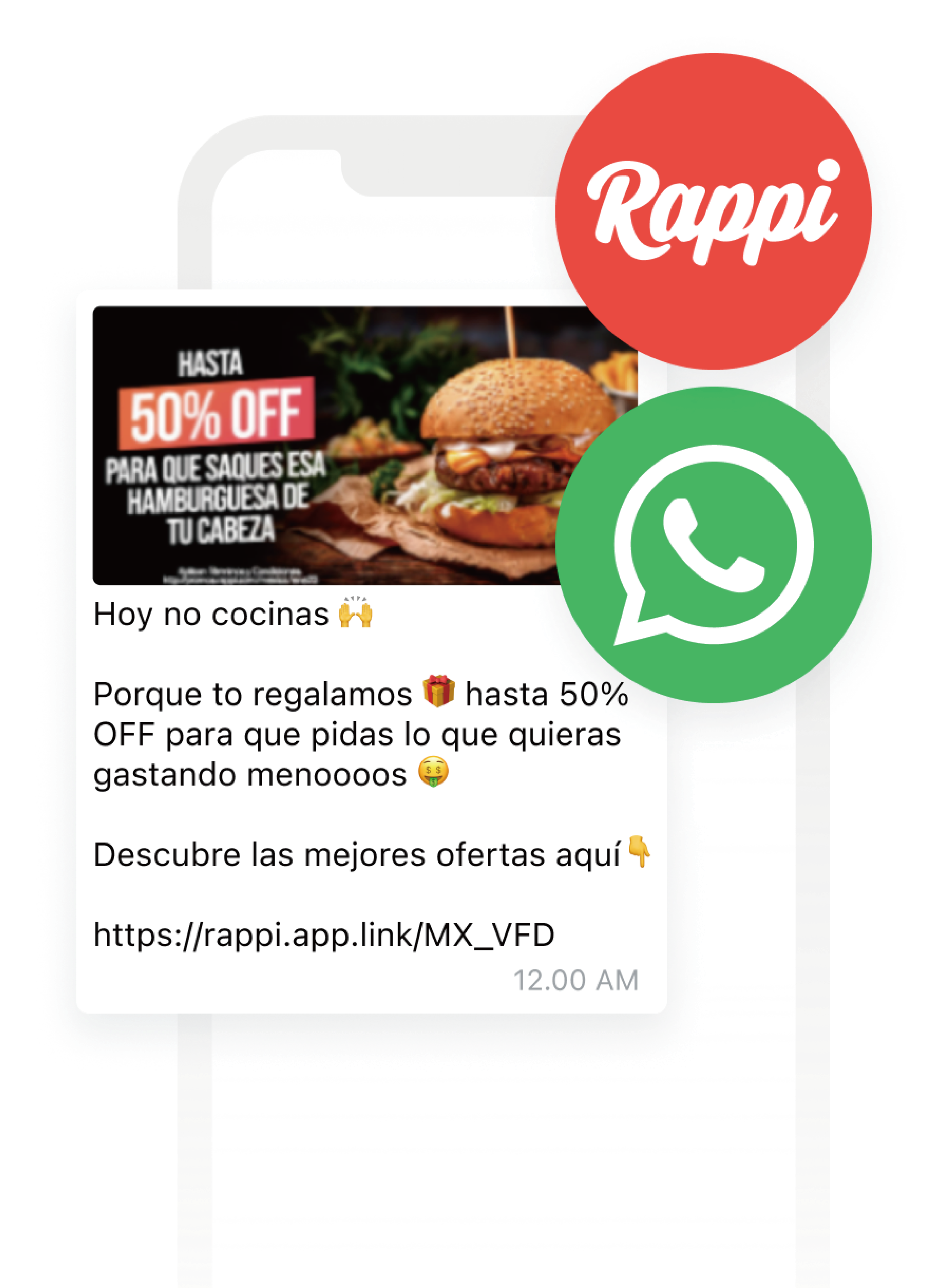 a phone displays a message from a restaurant that says hasta 50 % off