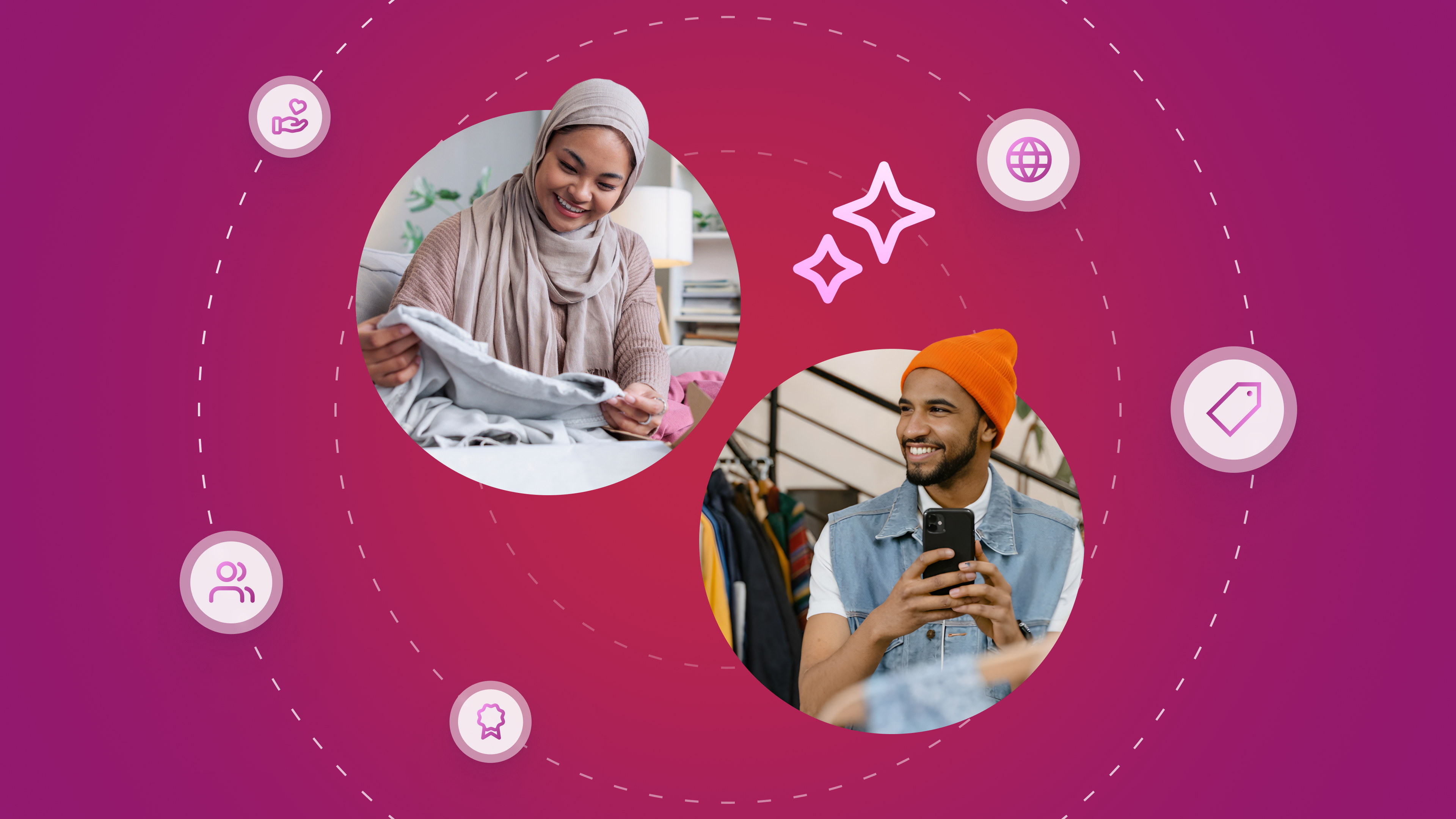 Two smiling people, a woman in a hijab holding clothing and a man holding a phone, connected by dotted lines and icons on a purple background.