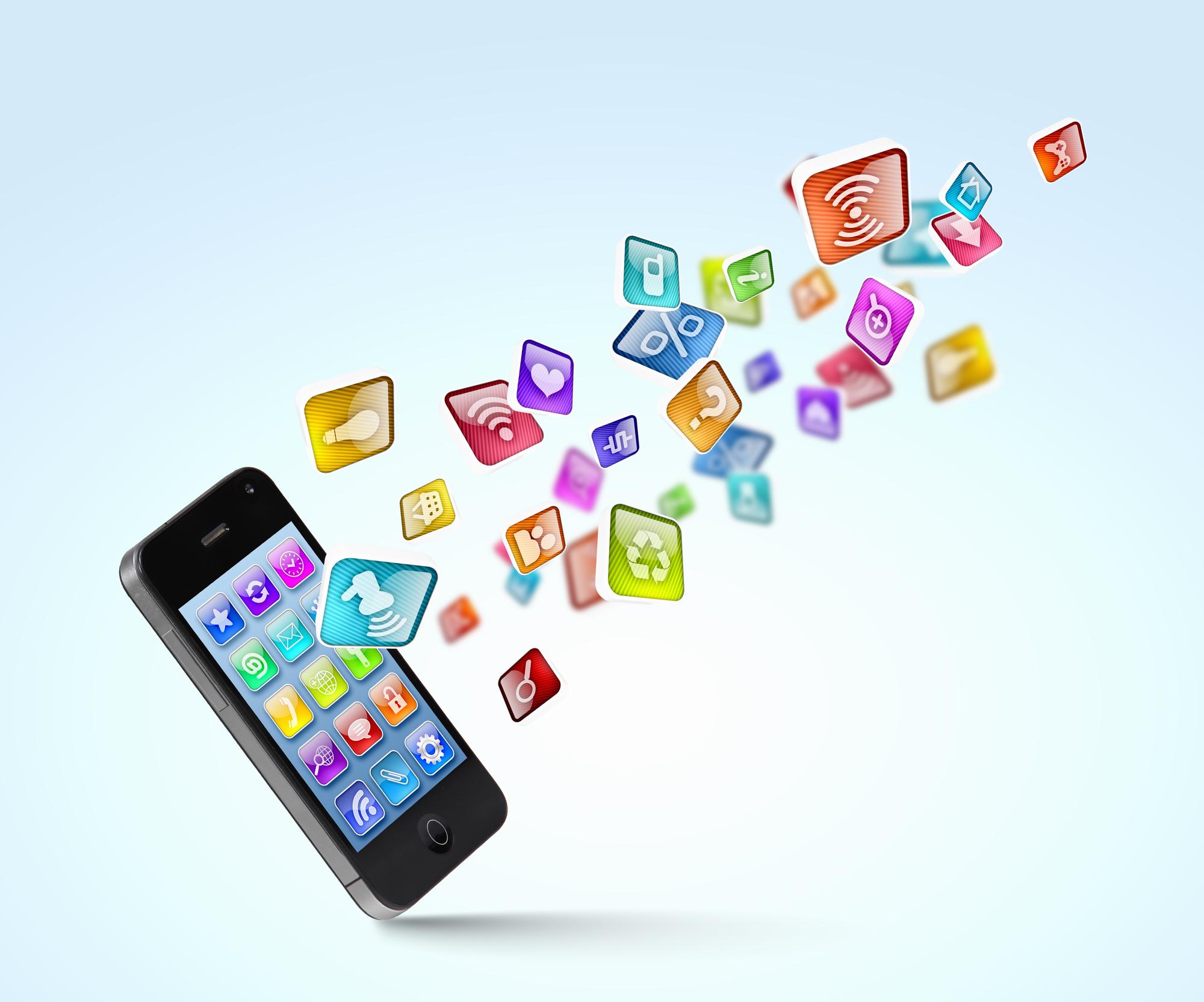 a cell phone with a bunch of apps coming out of it .