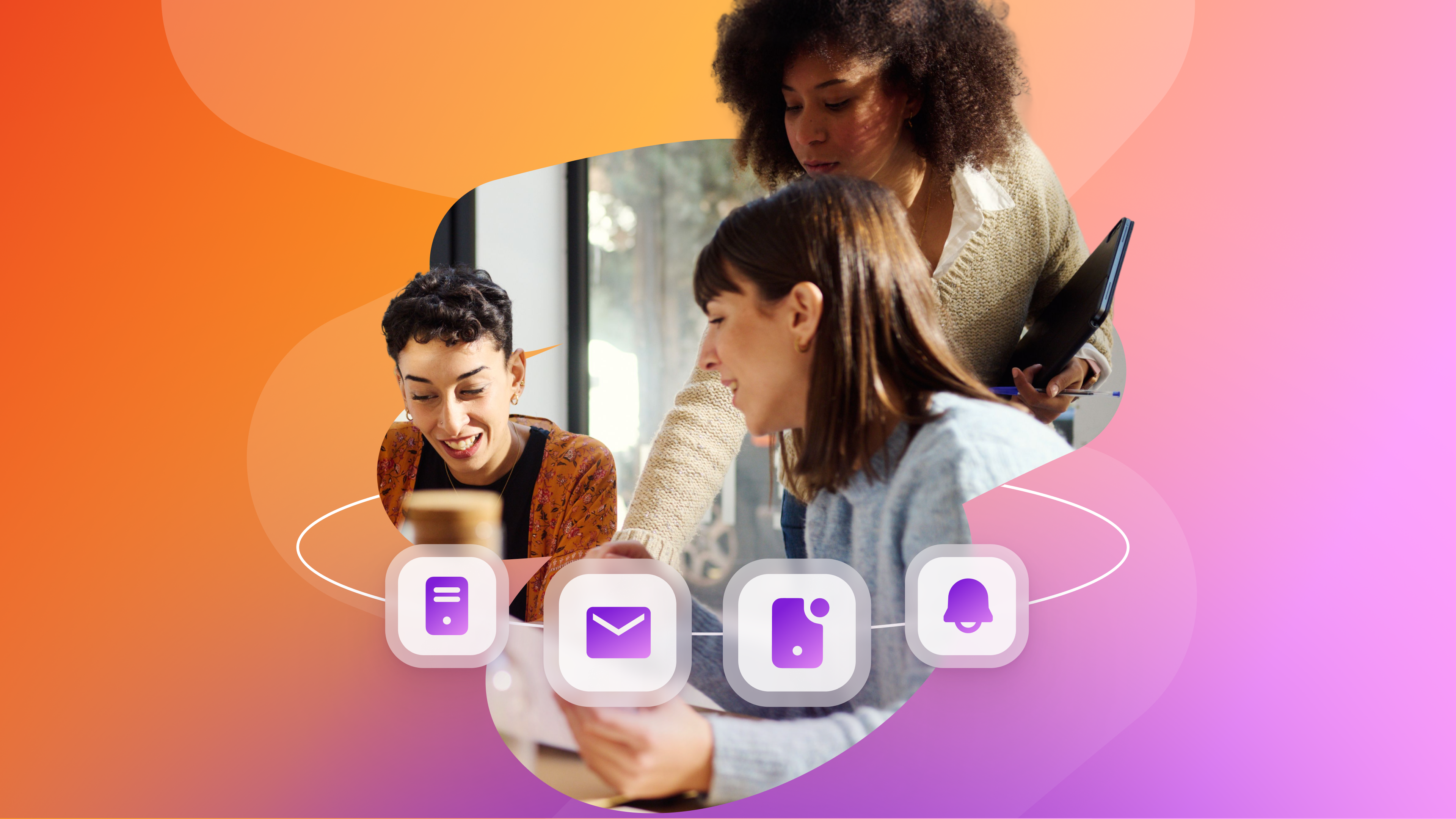Three women collaborating, with digital icons for server, email, document, and notifications floating on an orange to purple gradient background.