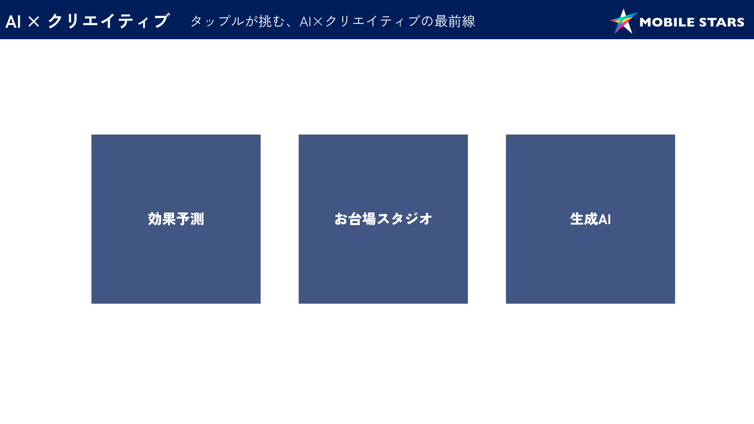 AIとクリエイティブに関する情報が表示された画像です。三つのボックスには「効果予測」「お台場スタジオ」「生成AI」と書かれています。