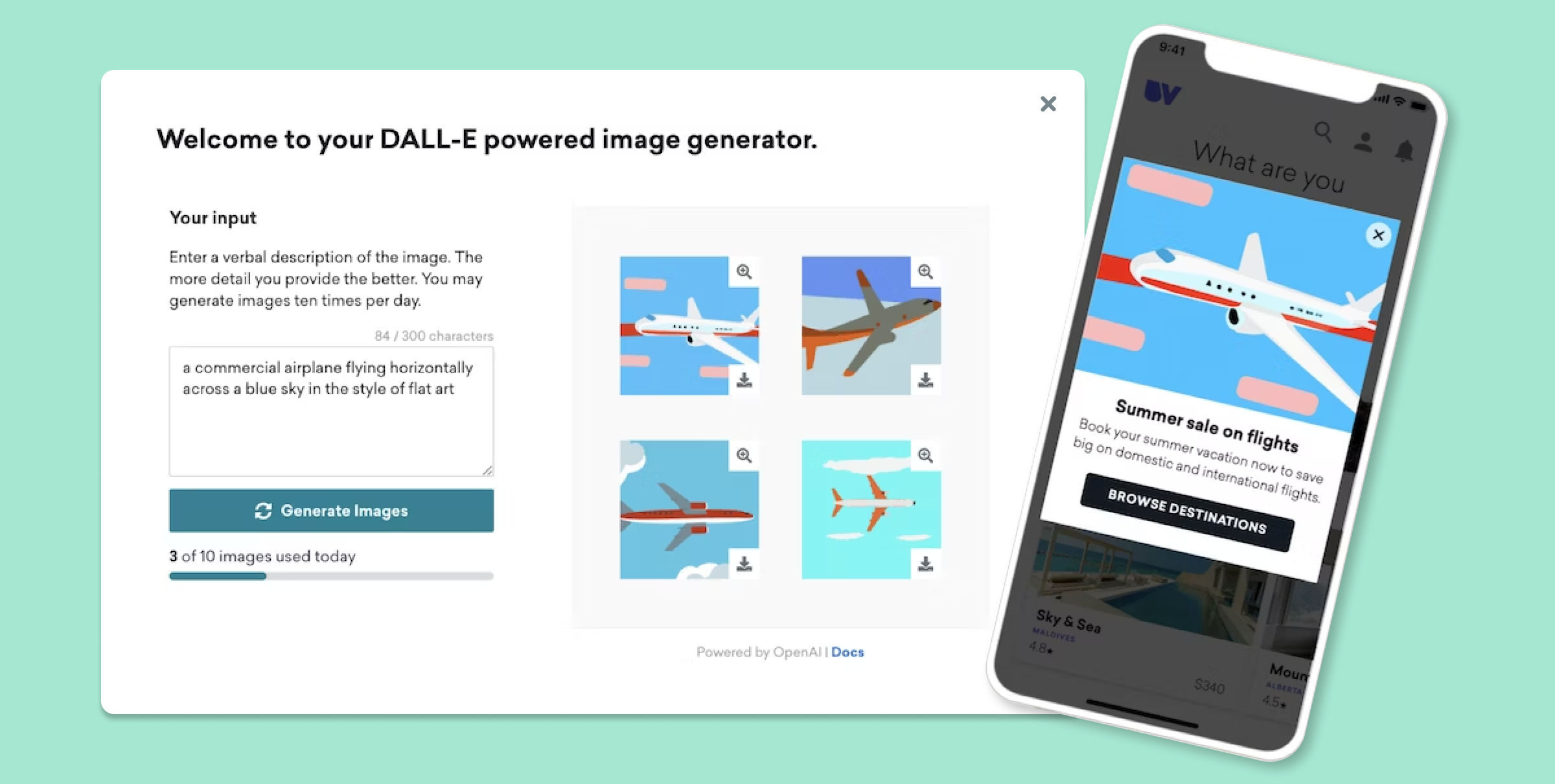 画像生成ツールの画面が表示されています。左側には飛行機の画像が並び、右側にはプロンプト入力欄と生成ボタンがあります。