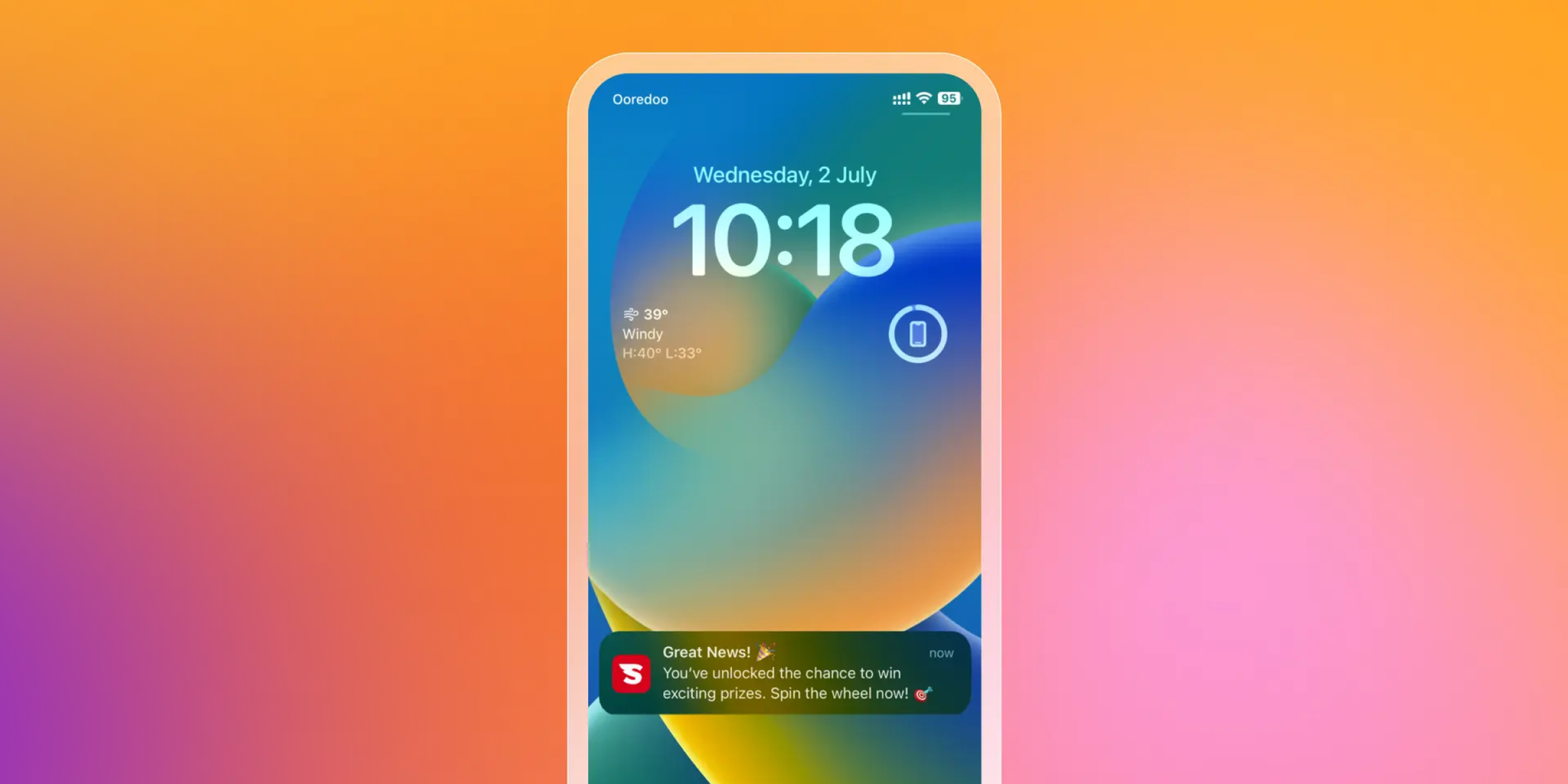 An iPhone lock screen displays a "Great News!" notification about winning prizes, set against a vibrant orange and pink gradient background.