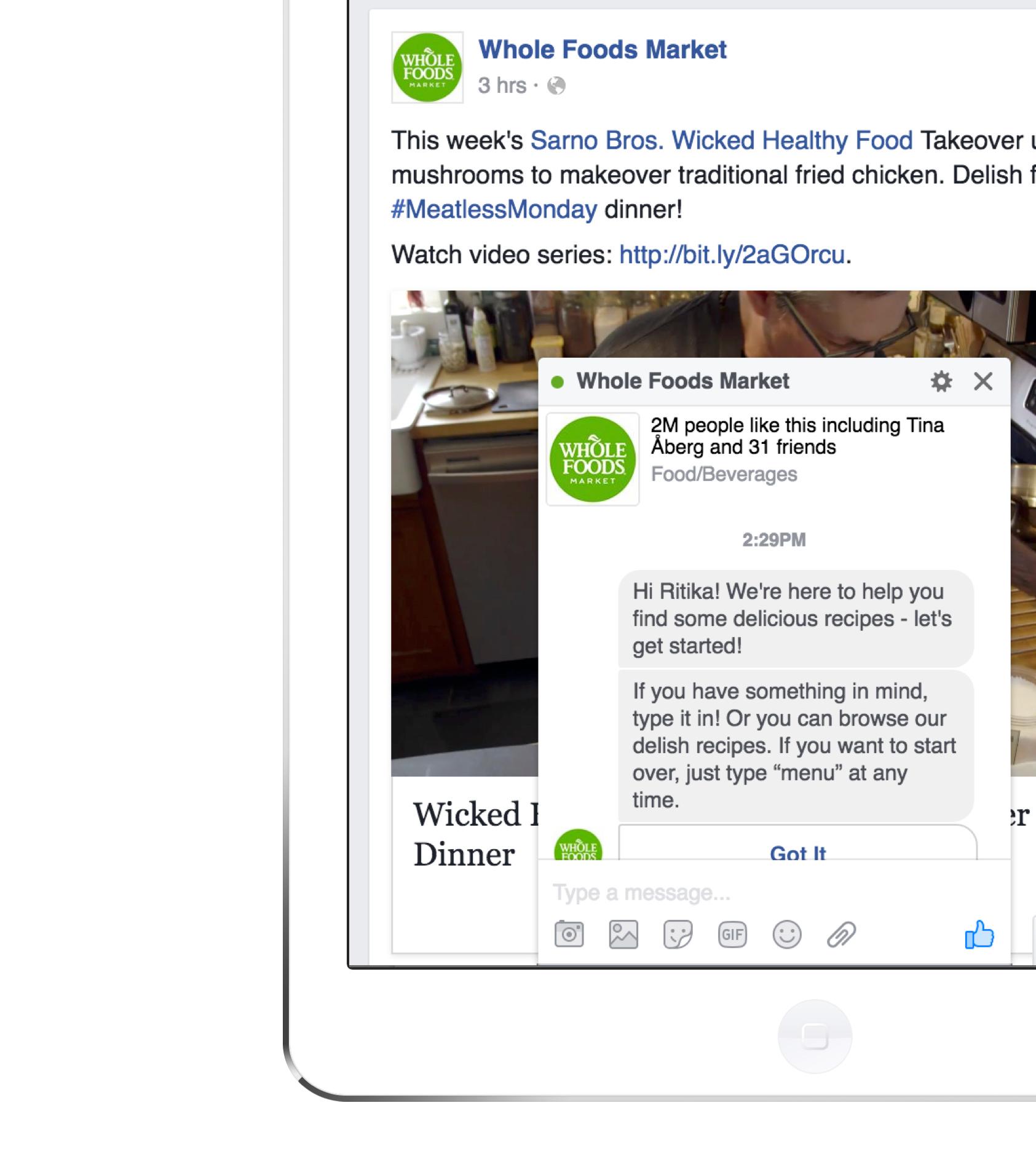 A screenshot of a Facebook post from Whole Foods Market promoting a recipe video featuring mushrooms. The post includes a chat message offering assistance with finding recipes.