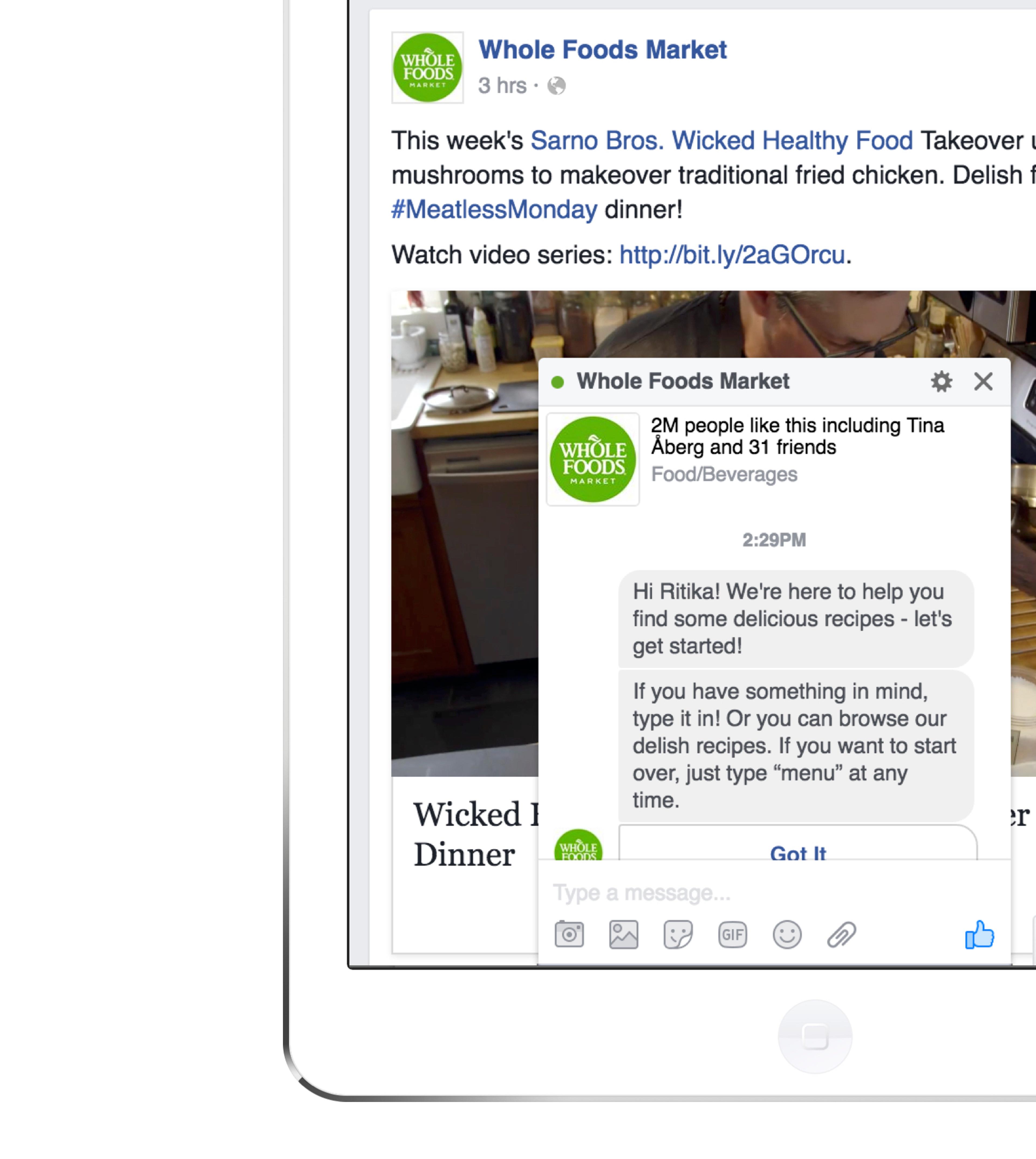 A screenshot of a Facebook post from Whole Foods Market promoting a recipe video featuring mushrooms. The post includes a chat message offering assistance with finding recipes.