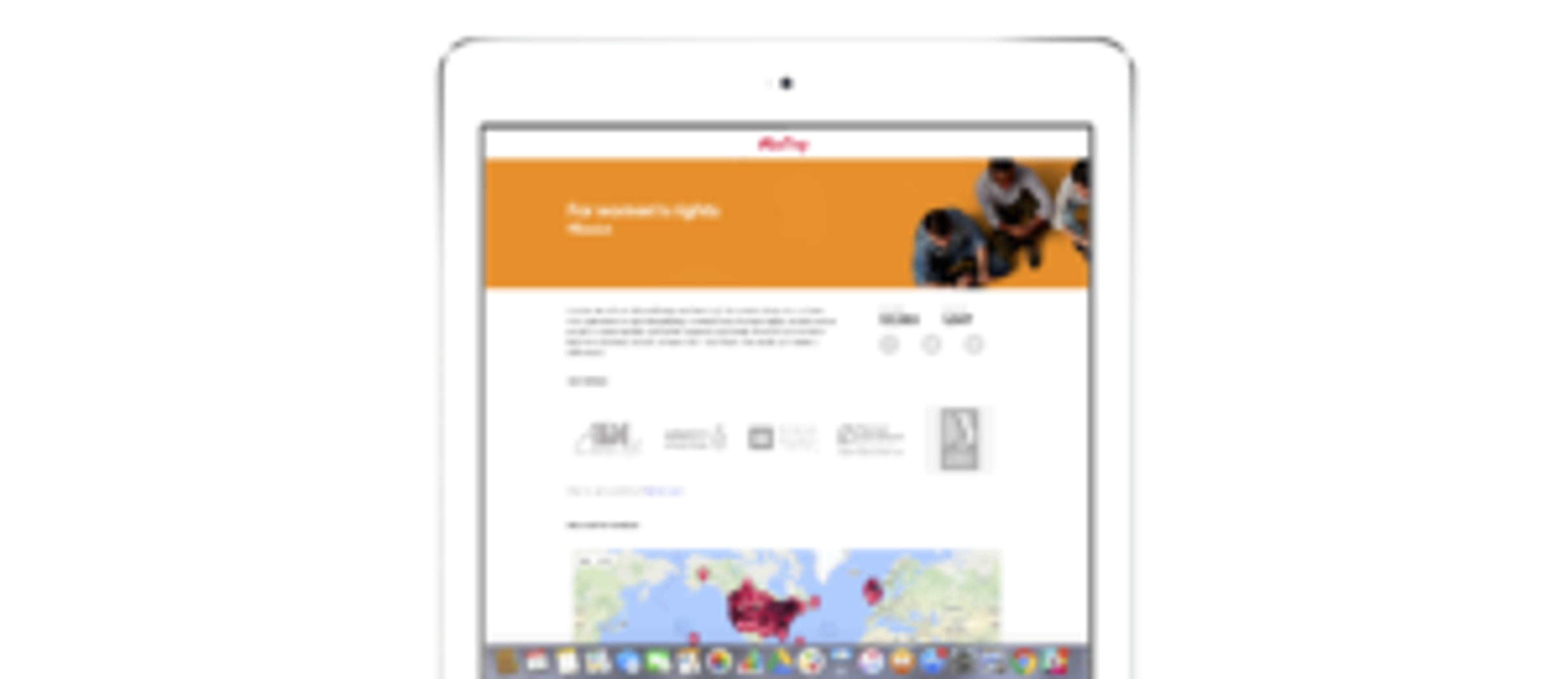 A tablet displaying a webpage about human rights, featuring an orange header and images of people. The page includes a world map with highlighted regions.