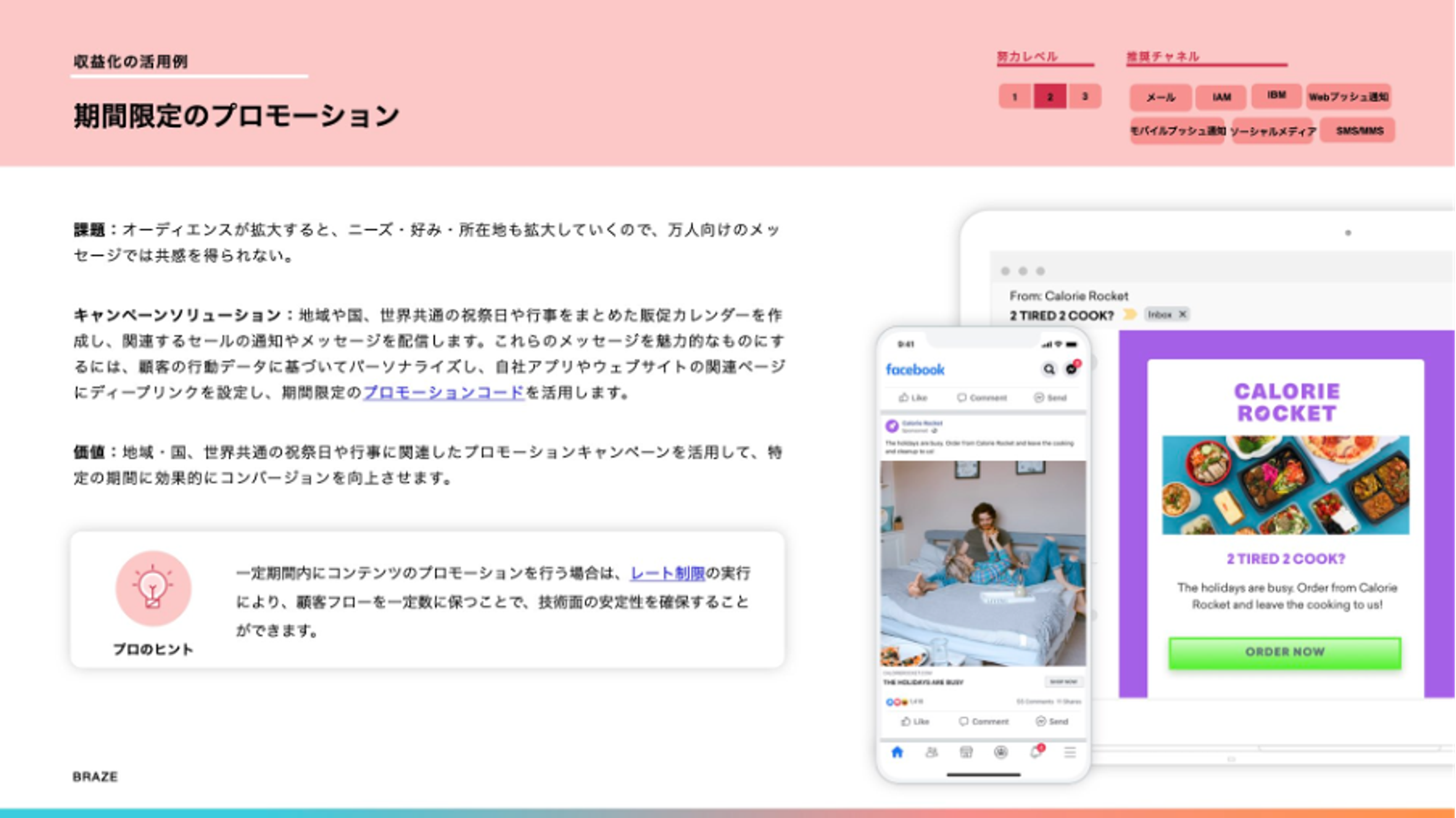 プロモーションの説明が表示されたウェブページのスクリーンショット。キャンペーンの詳細や例が含まれています。