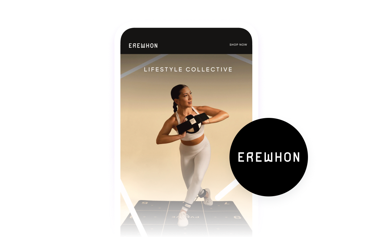 A mobile phone displays the Erewhon Lifestyle Collective app featuring a woman exercising, partially overlaid by a circular Erewhon logo.